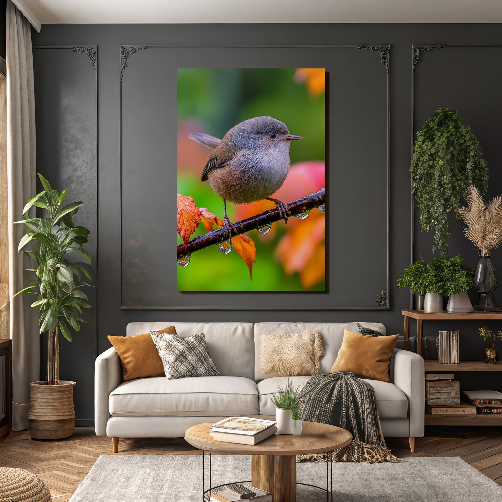 Desert bird on a branch with water drops surrounded by colorful foliage
