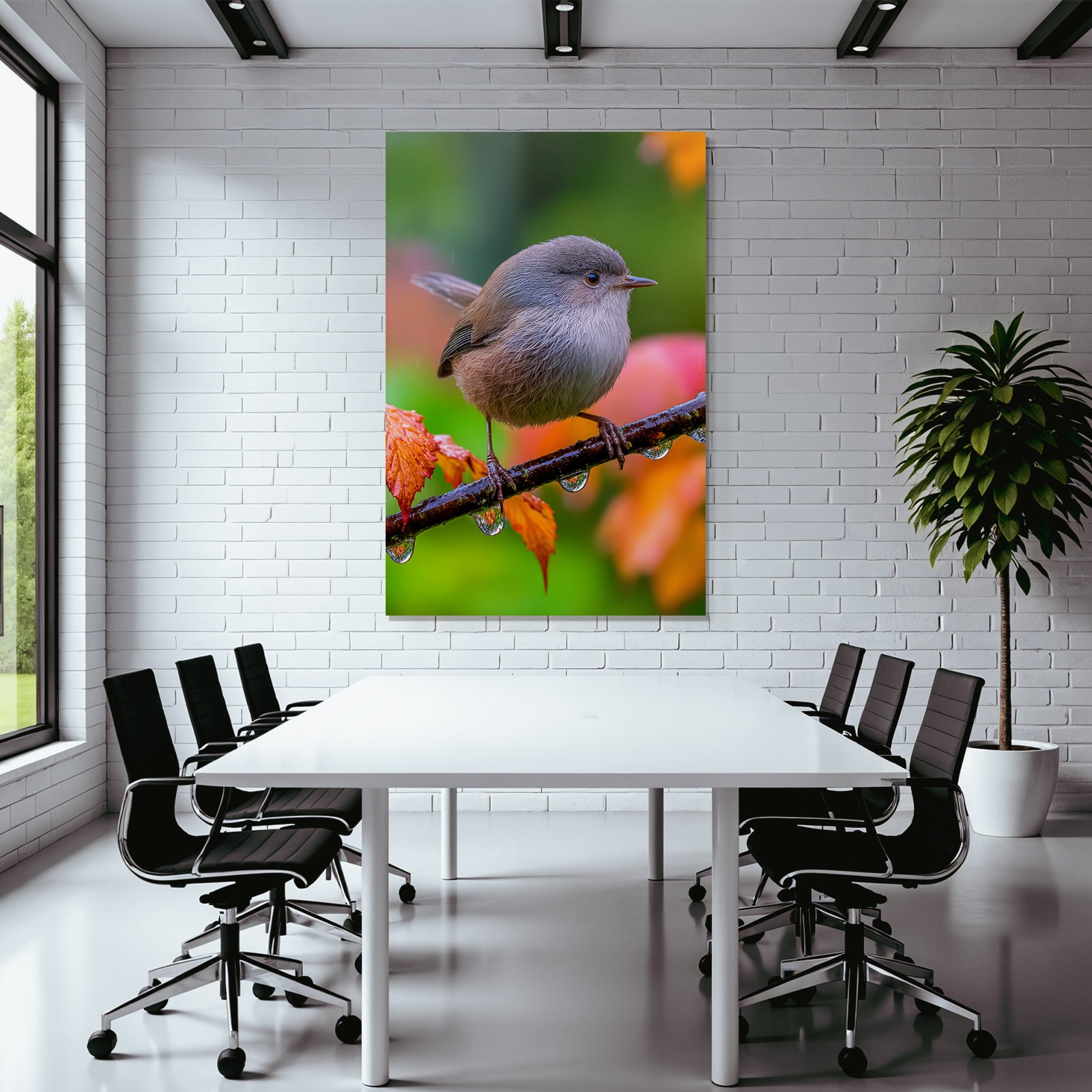 Desert bird on a branch with water drops surrounded by colorful foliage