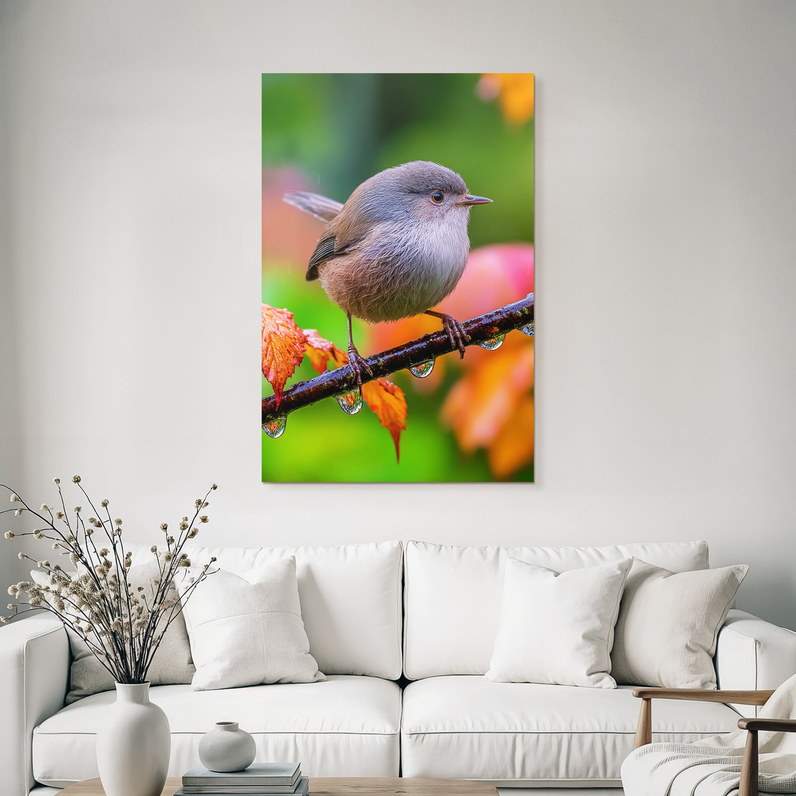Desert bird on a branch with water drops surrounded by colorful foliage
