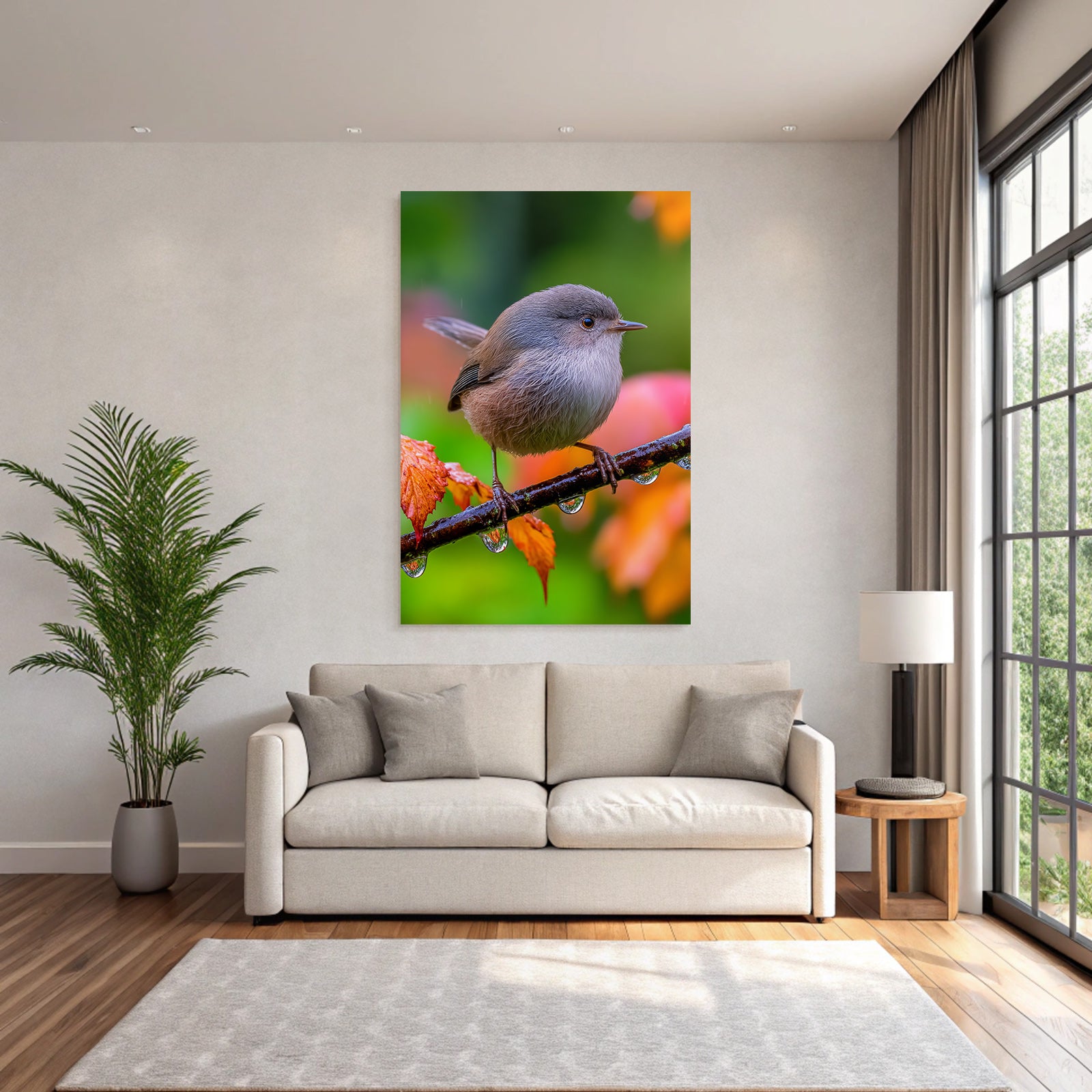 Desert bird on a branch with water drops surrounded by colorful foliage