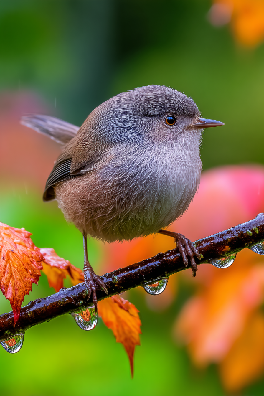 Wüsten Vogel Auf Einem Zweig Mit Wassertropfen Umgeben Von Bunte Laub | Wuesten und Savanne | Landschaften