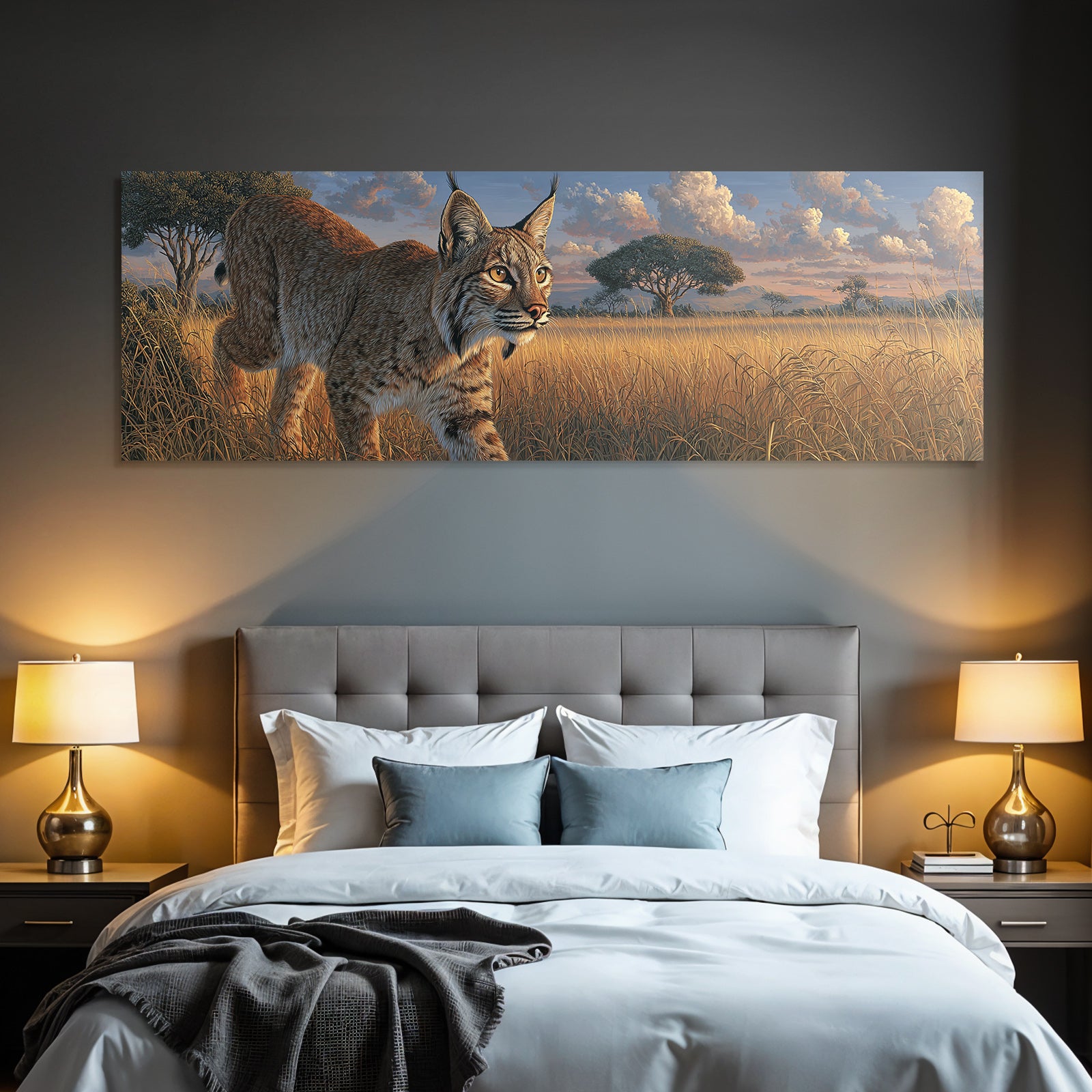Desert Bobcat in Field with Tall Grasses and Trees under Clouds
