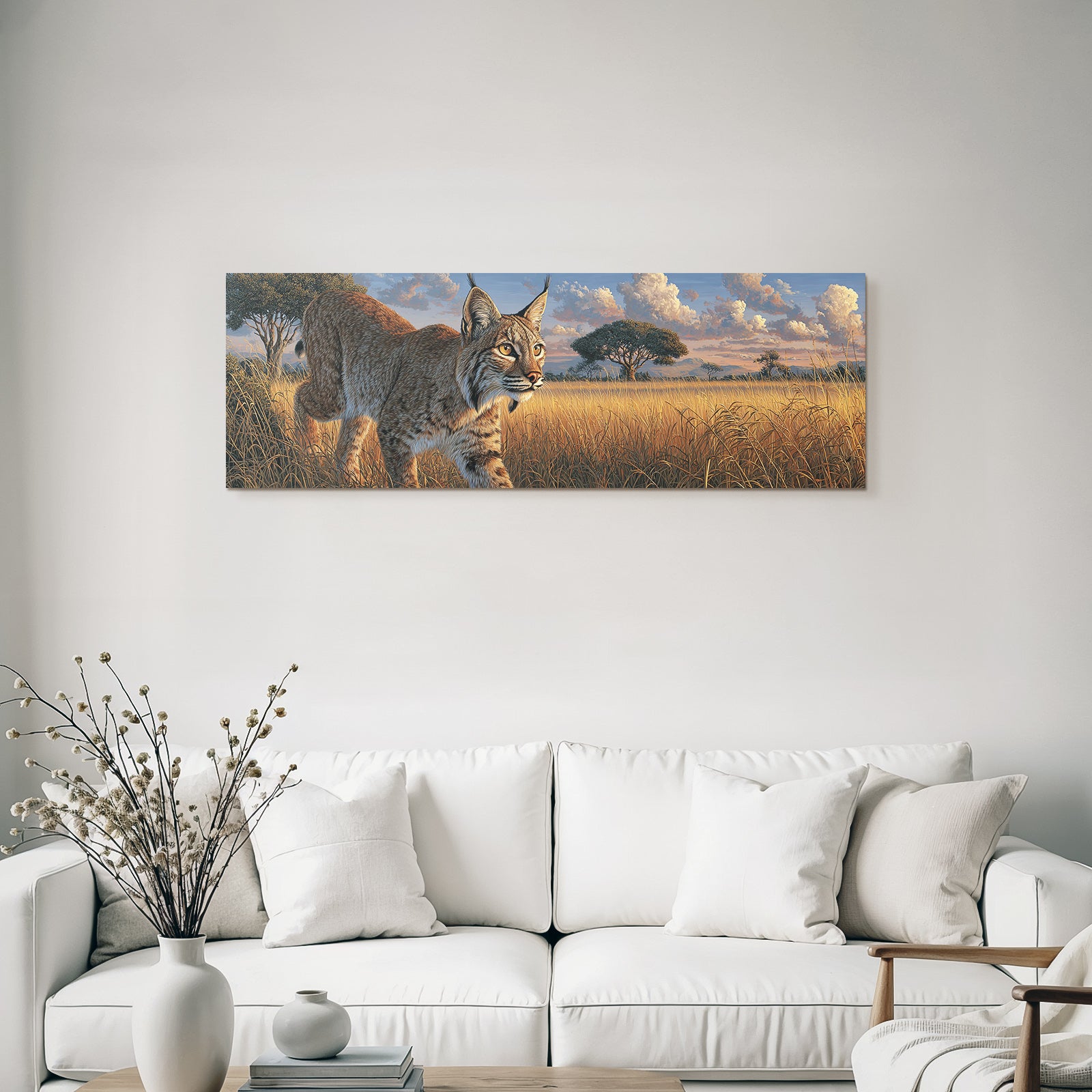 Desert Bobcat in Field with Tall Grasses and Trees under Clouds