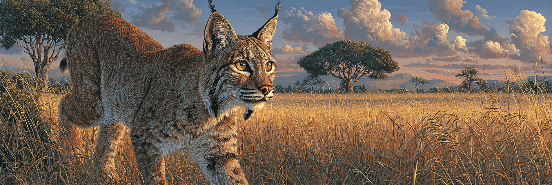 Wüsten Bobcat In Feld Mit Hohen Gräsern Und Bäumen Unter Wolken | Wuesten und Savanne | Landschaften