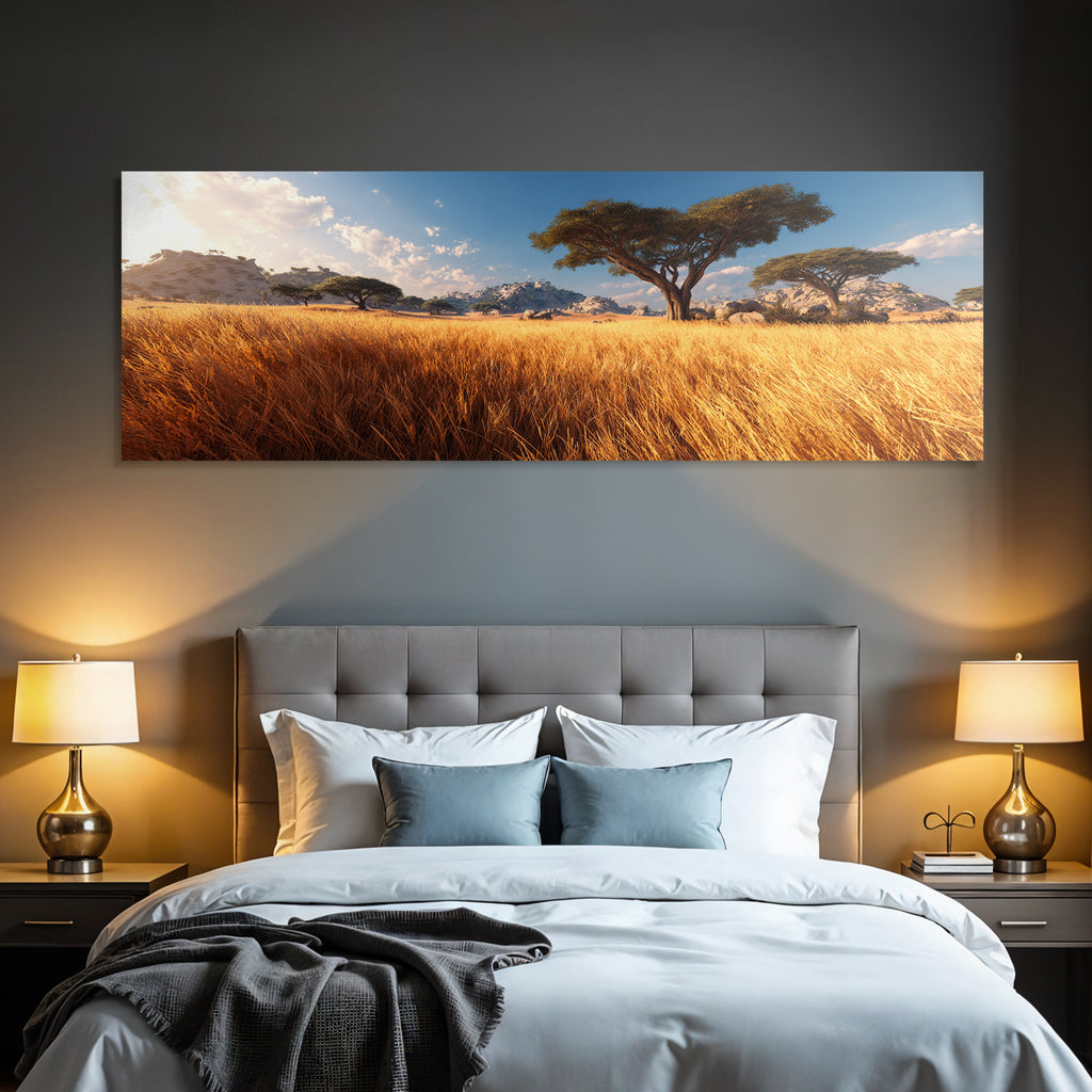 Desert Peaceful Landscape Golden Grass Blue Sky Clouds