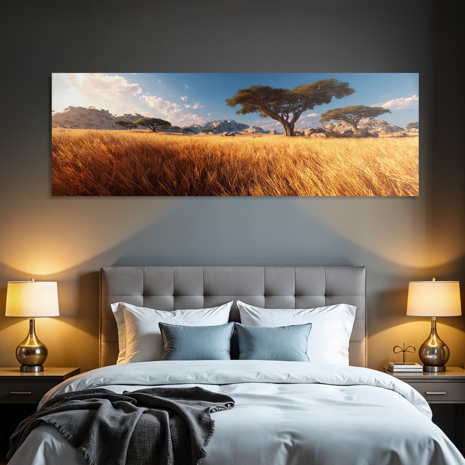 Desert Peaceful Landscape Golden Grass Blue Sky Clouds