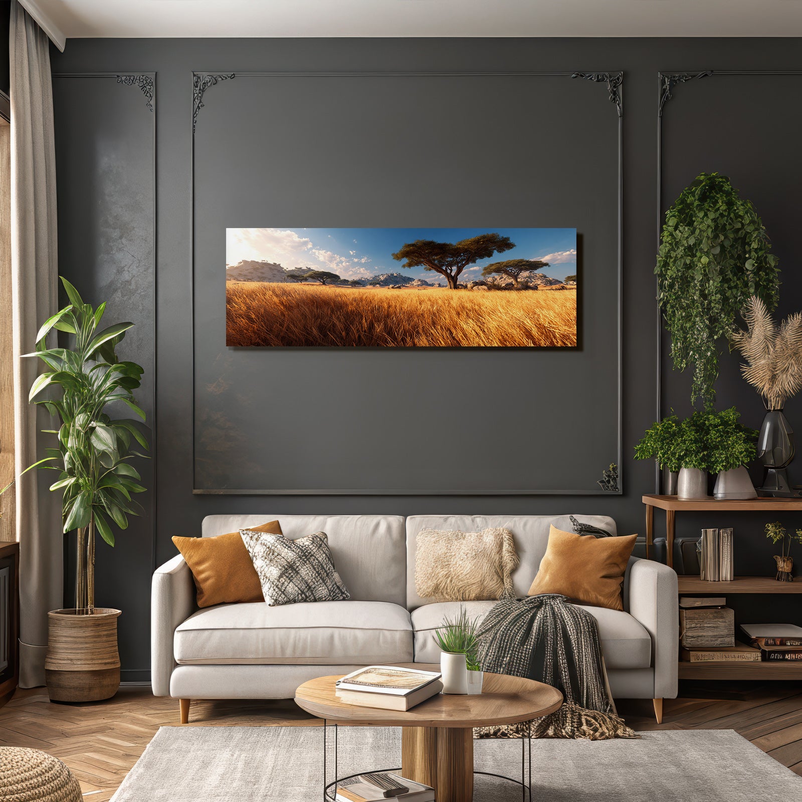 Desert Peaceful Landscape Golden Grass Blue Sky Clouds