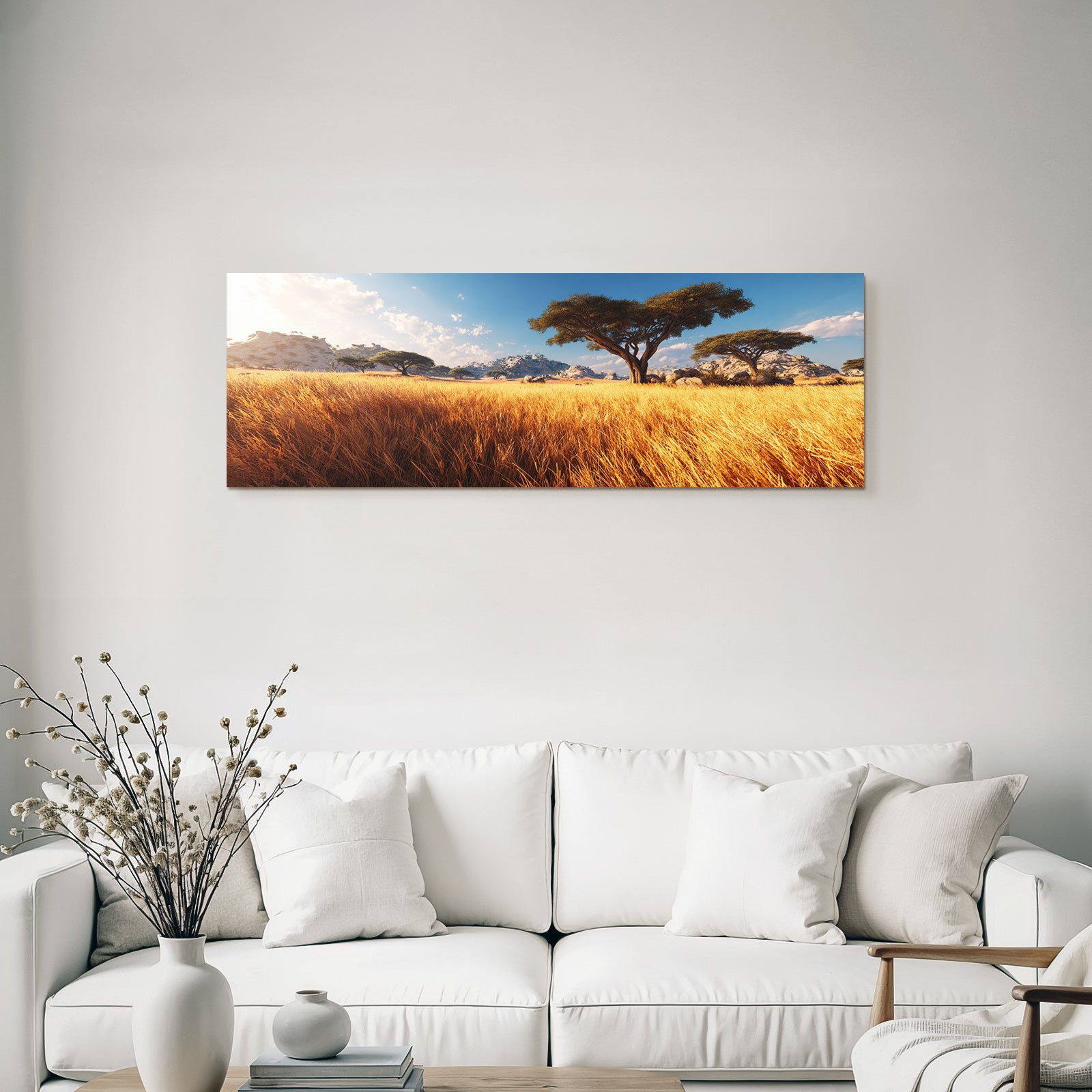 Desert Peaceful Landscape Golden Grass Blue Sky Clouds