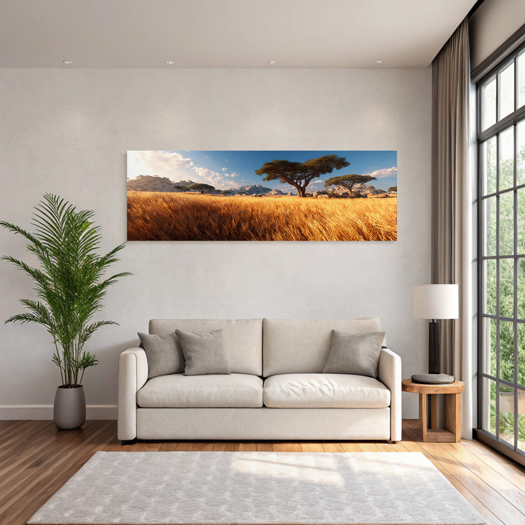 Desert Peaceful Landscape Golden Grass Blue Sky Clouds