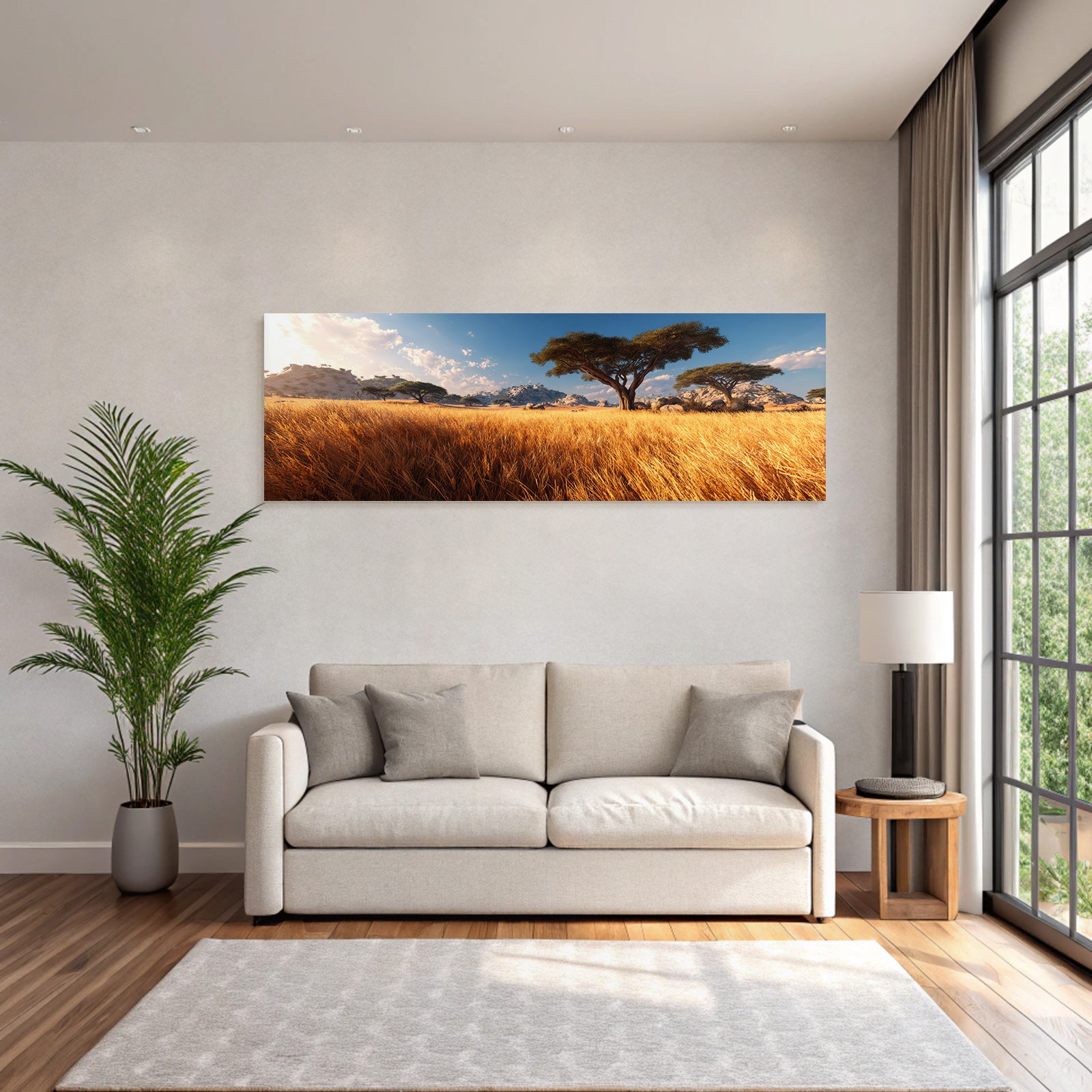 Desert Peaceful Landscape Golden Grass Blue Sky Clouds