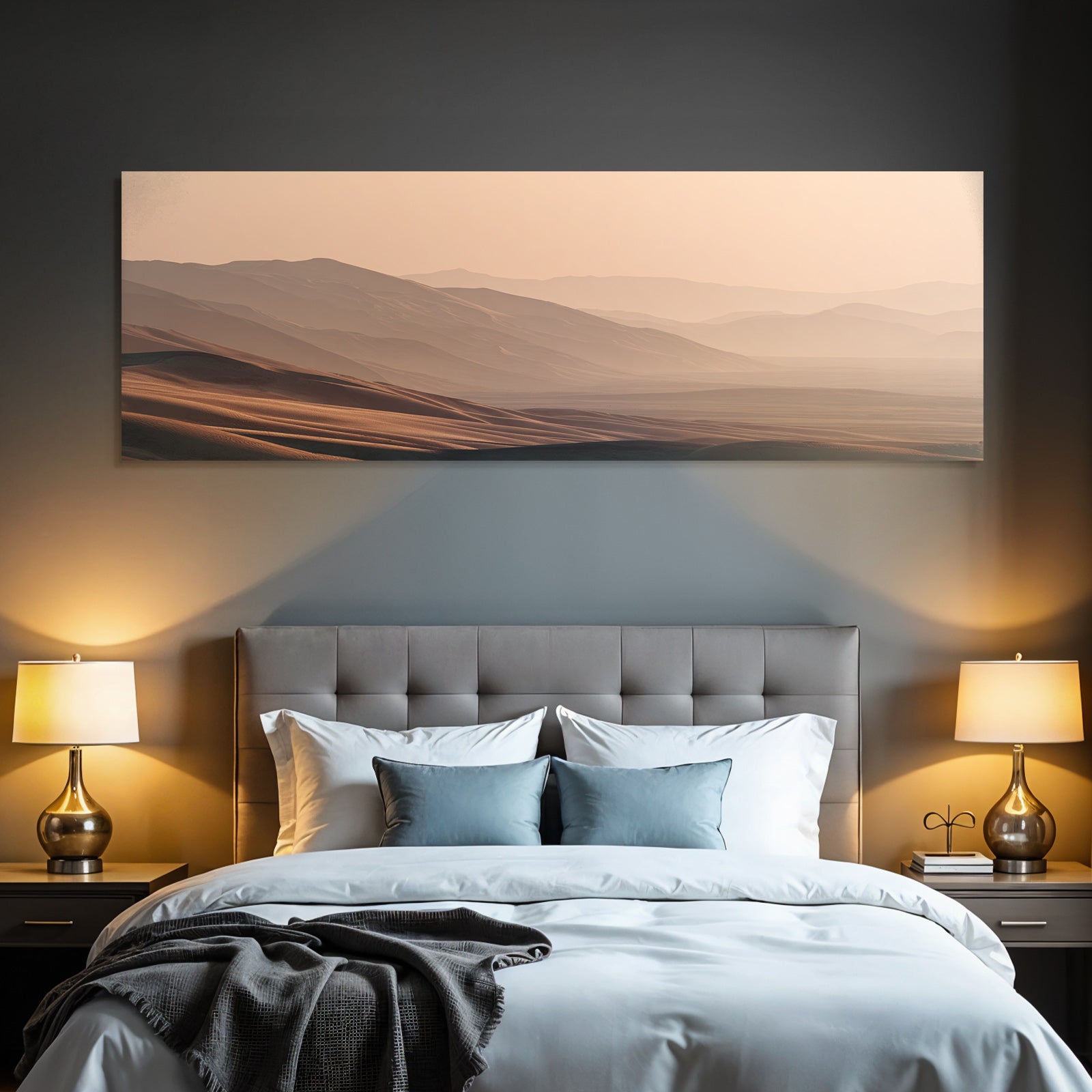 Deserts Peaceful Desert Landscape With Dunes And Mountains Dawn Dusk