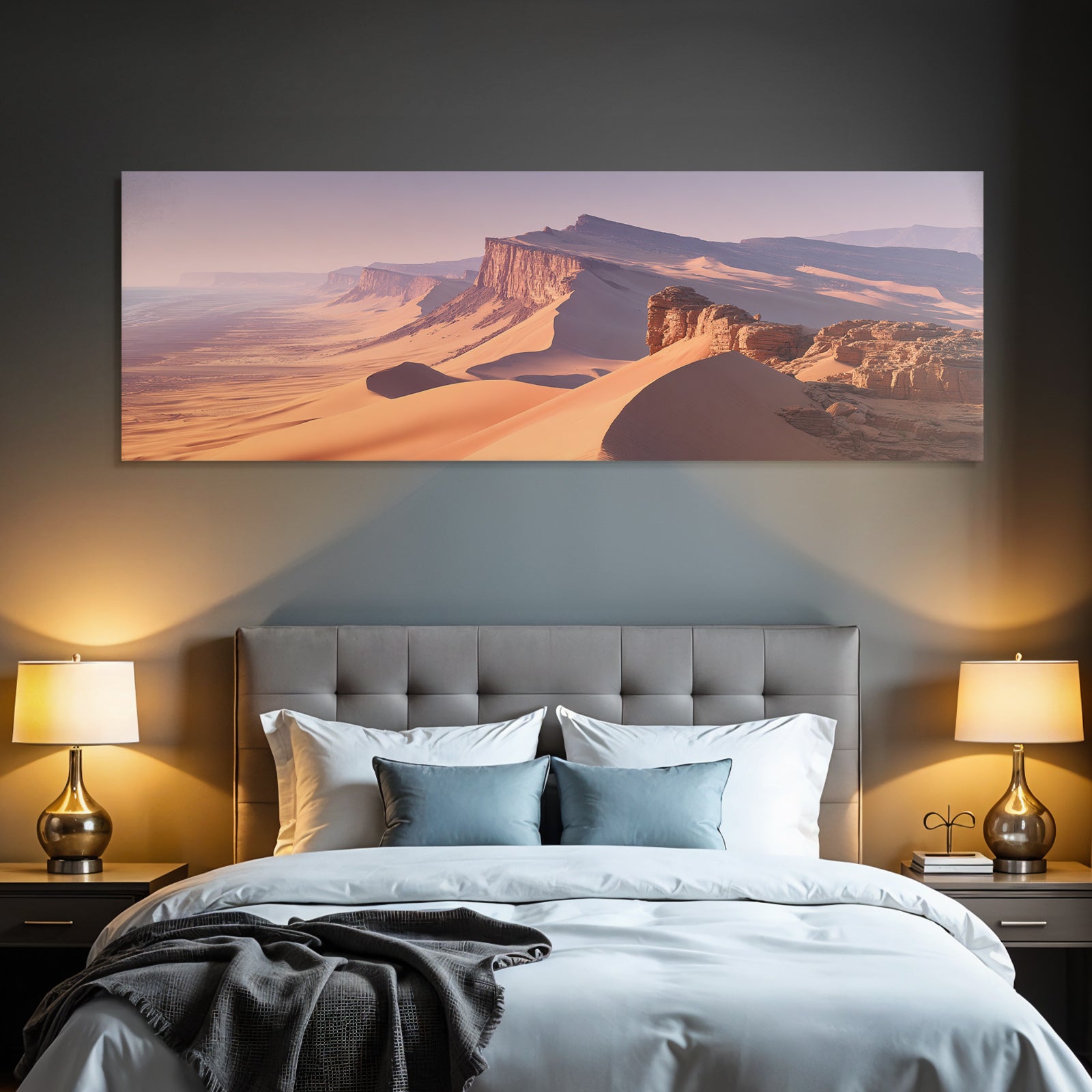 Desert landscape with sand dunes and coastal view
