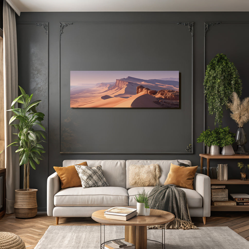 Desert landscape with sand dunes and coastal view