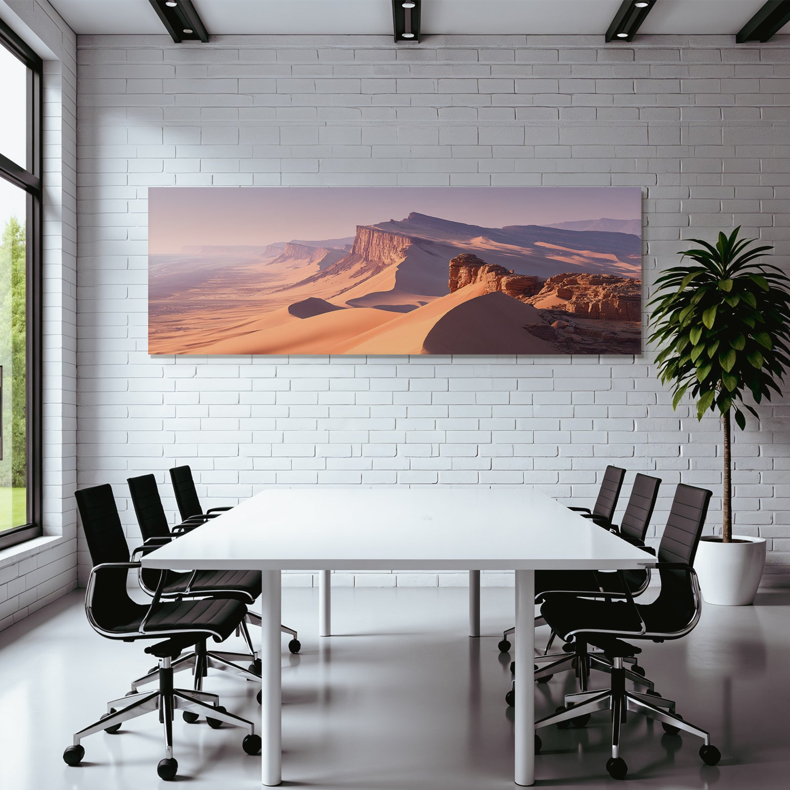 Desert landscape with sand dunes and coastal view
