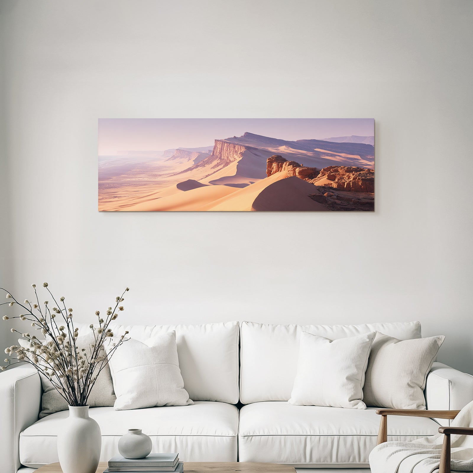 Desert landscape with sand dunes and coastal view