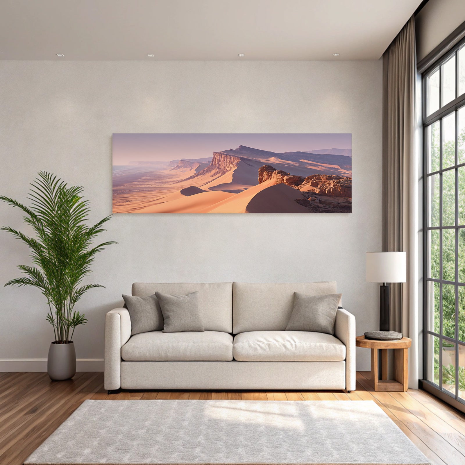Desert landscape with sand dunes and coastal view