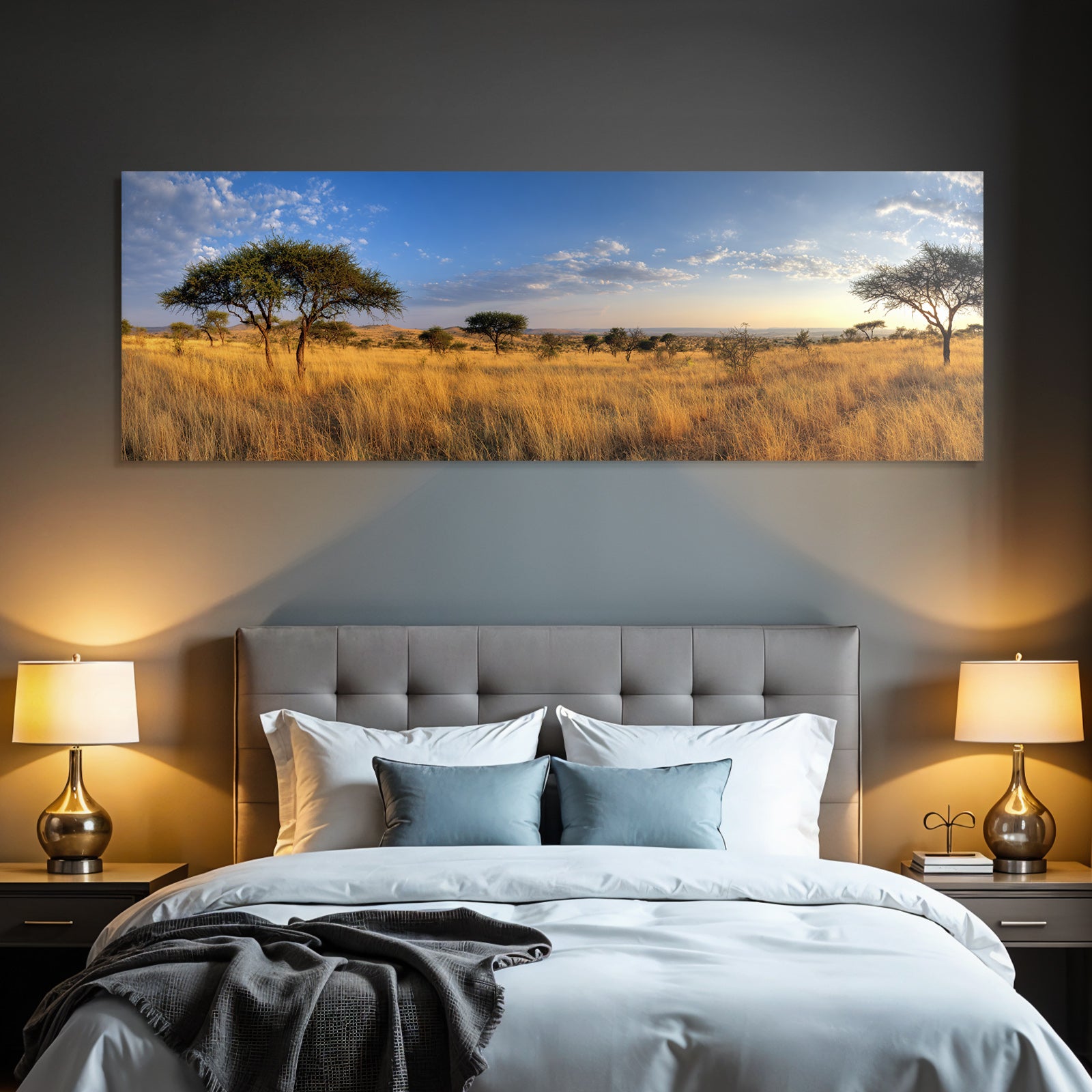 Desert panoramic view of savannah with golden grasslands and blue skies
