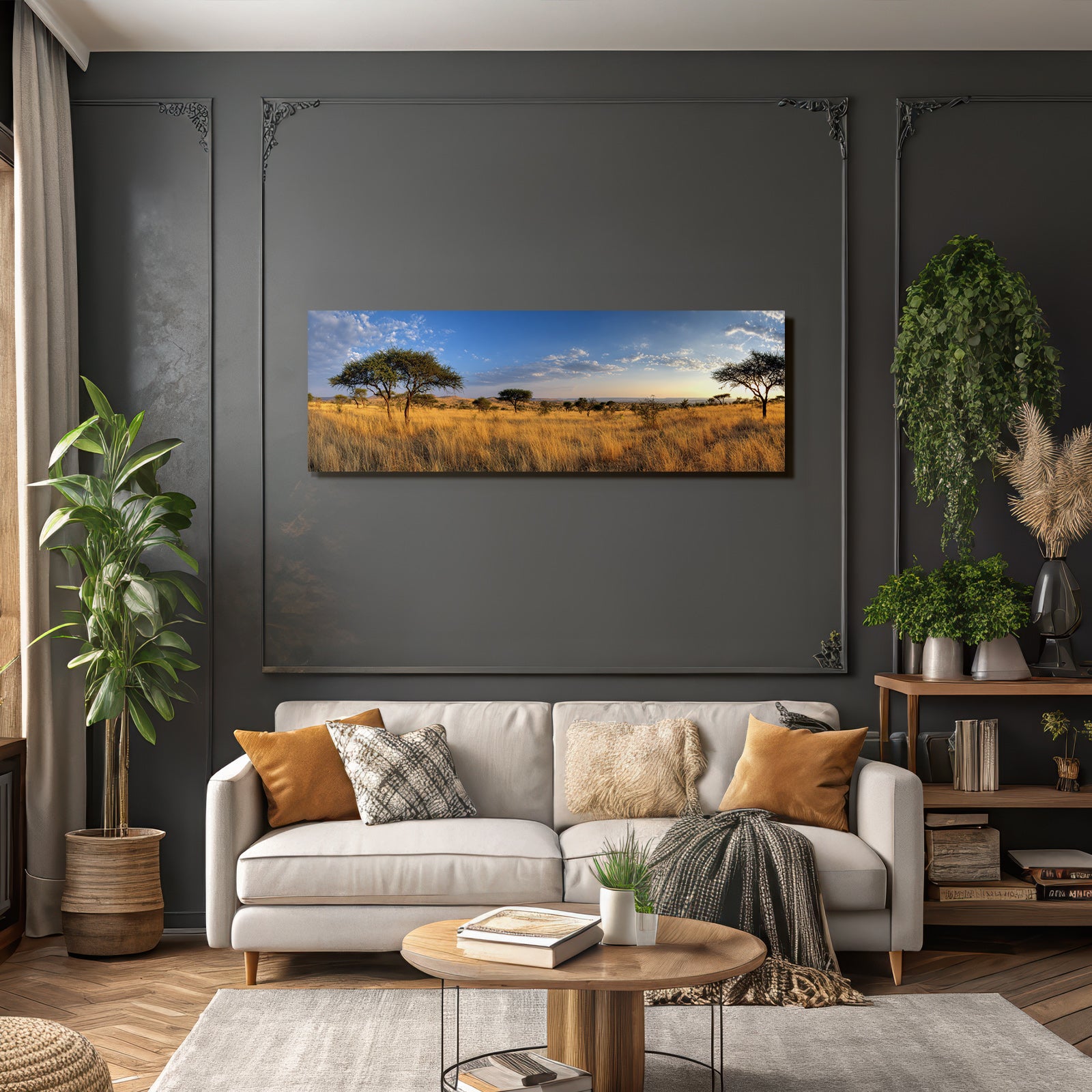 Desert panoramic view of savannah with golden grasslands and blue skies