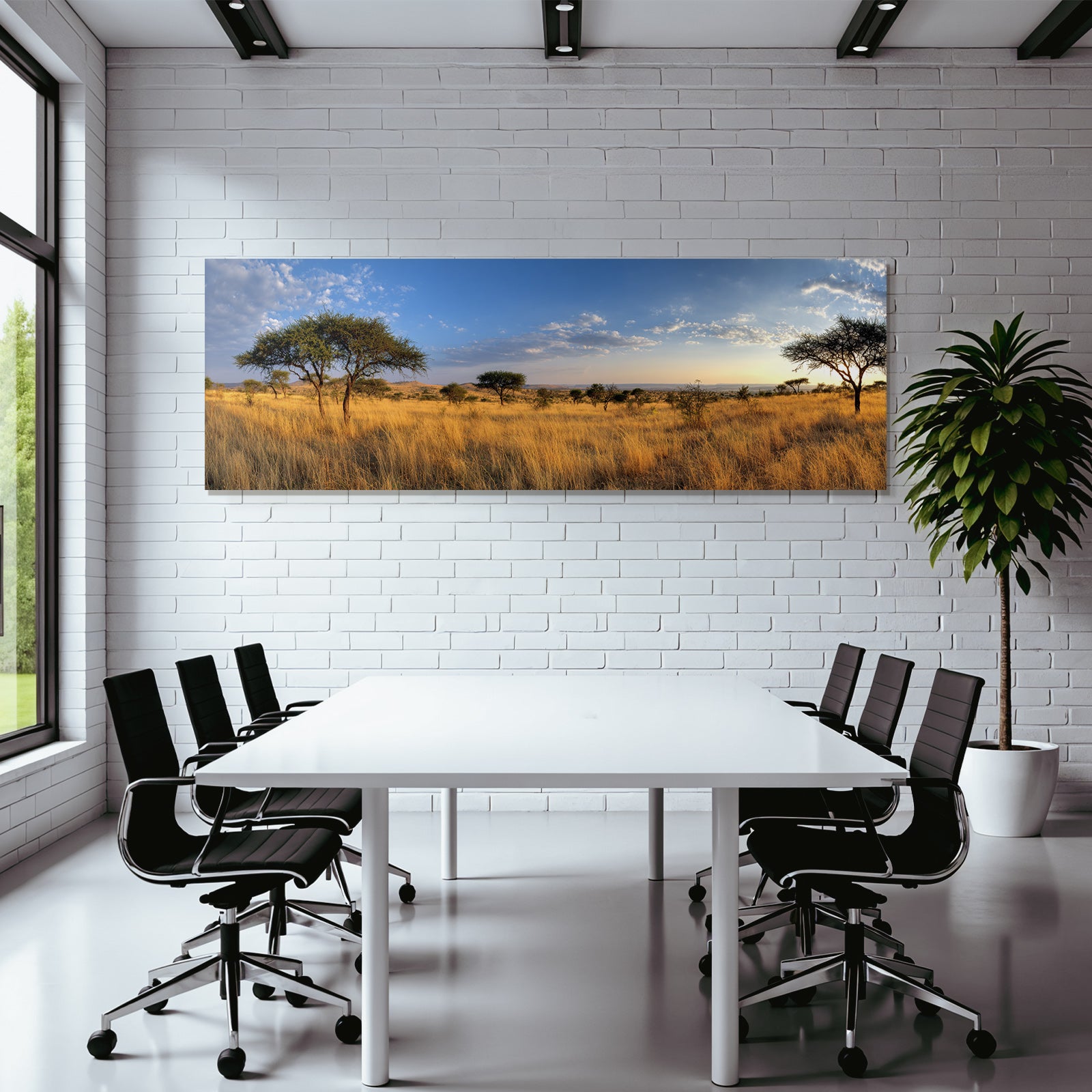 Desert panoramic view of savannah with golden grasslands and blue skies