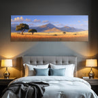 Desert tranquil landscape with mountains, hills and fields with golden grass under blue sky