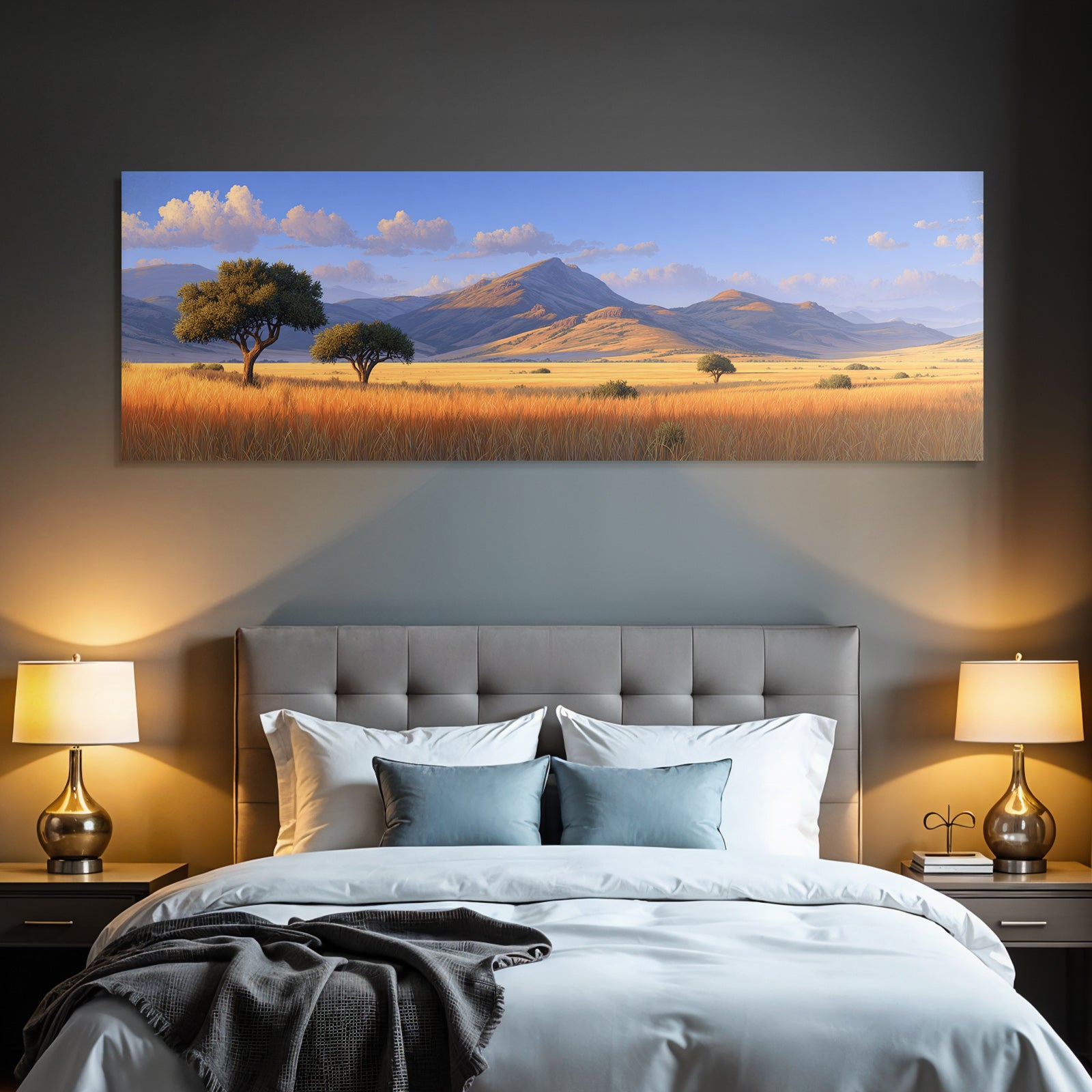Desert tranquil landscape with mountains, hills and fields with golden grass under blue sky