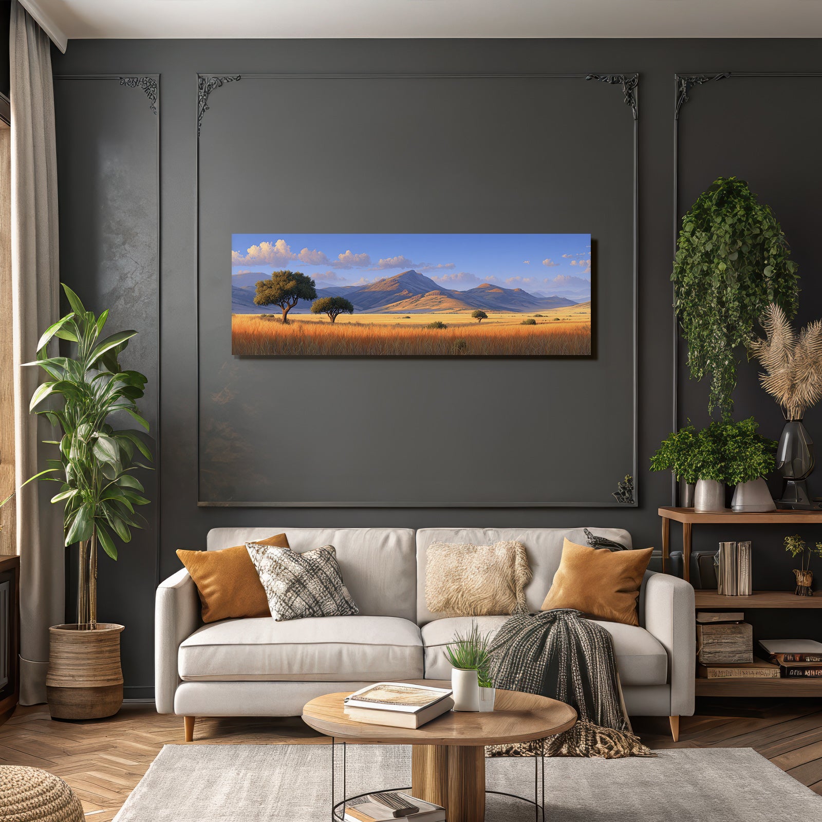 Desert tranquil landscape with mountains, hills and fields with golden grass under blue sky