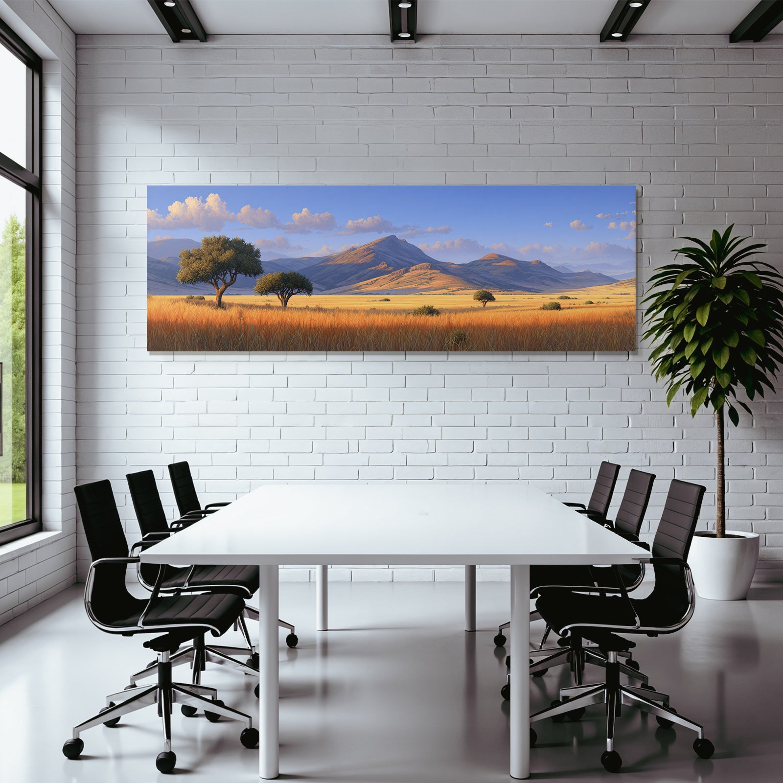 Desert tranquil landscape with mountains, hills and fields with golden grass under blue sky