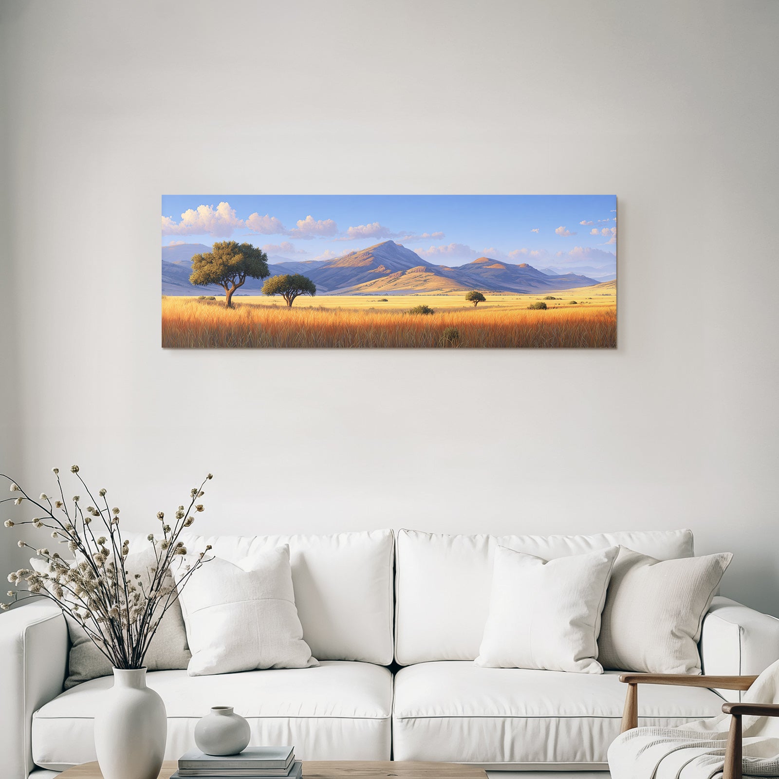 Desert tranquil landscape with mountains, hills and fields with golden grass under blue sky
