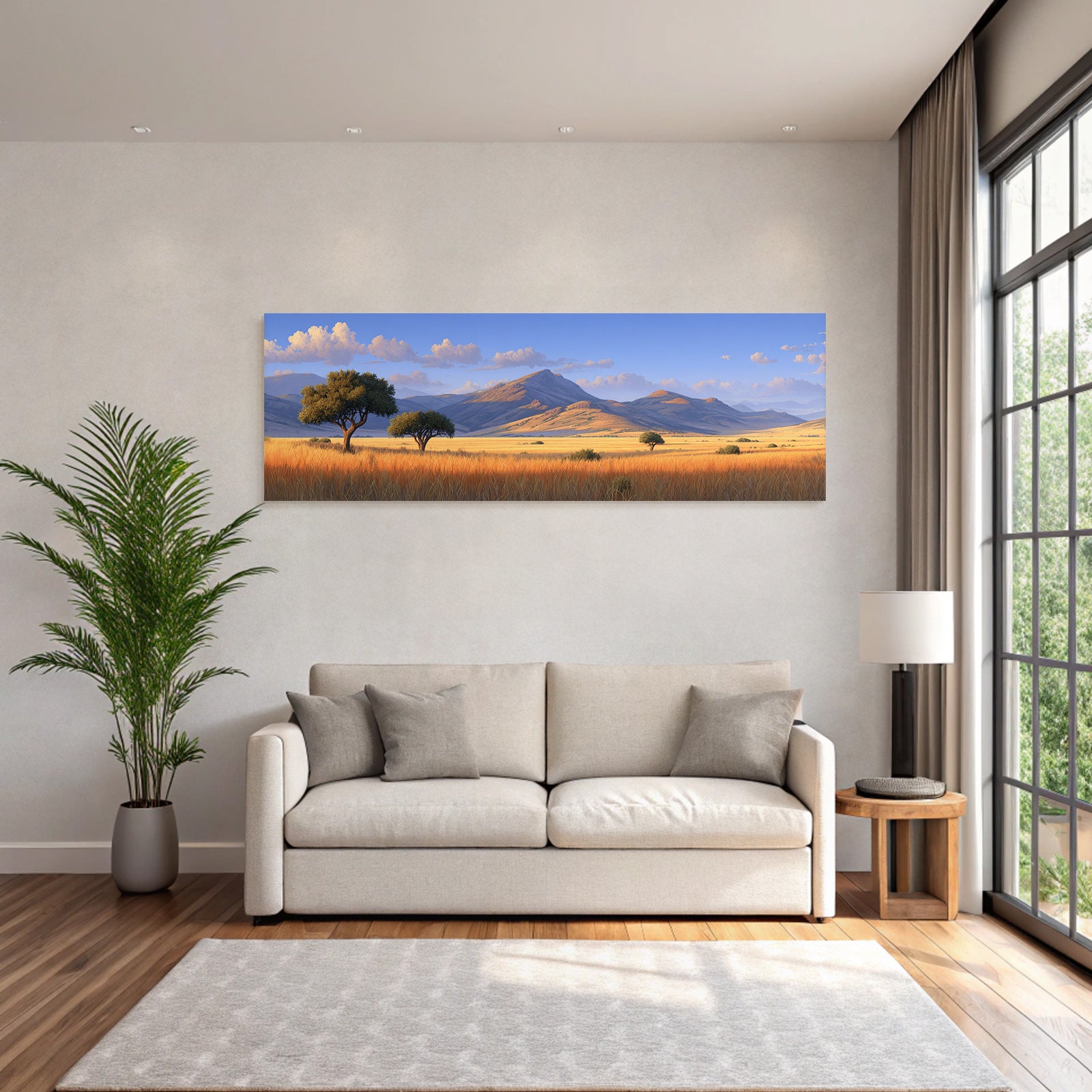 Desert tranquil landscape with mountains, hills and fields with golden grass under blue sky