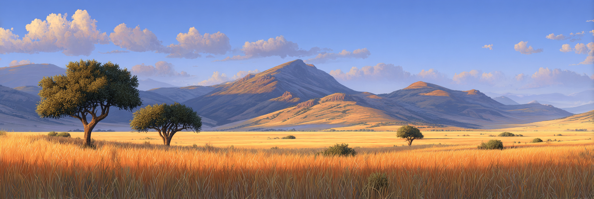 Wüsten Ruhige Landschaft Mit Bergen Hügeln Und Feldern Mit Goldenen Gras Unter Blaüm Himmel | Wuesten und Savanne | Landschaften