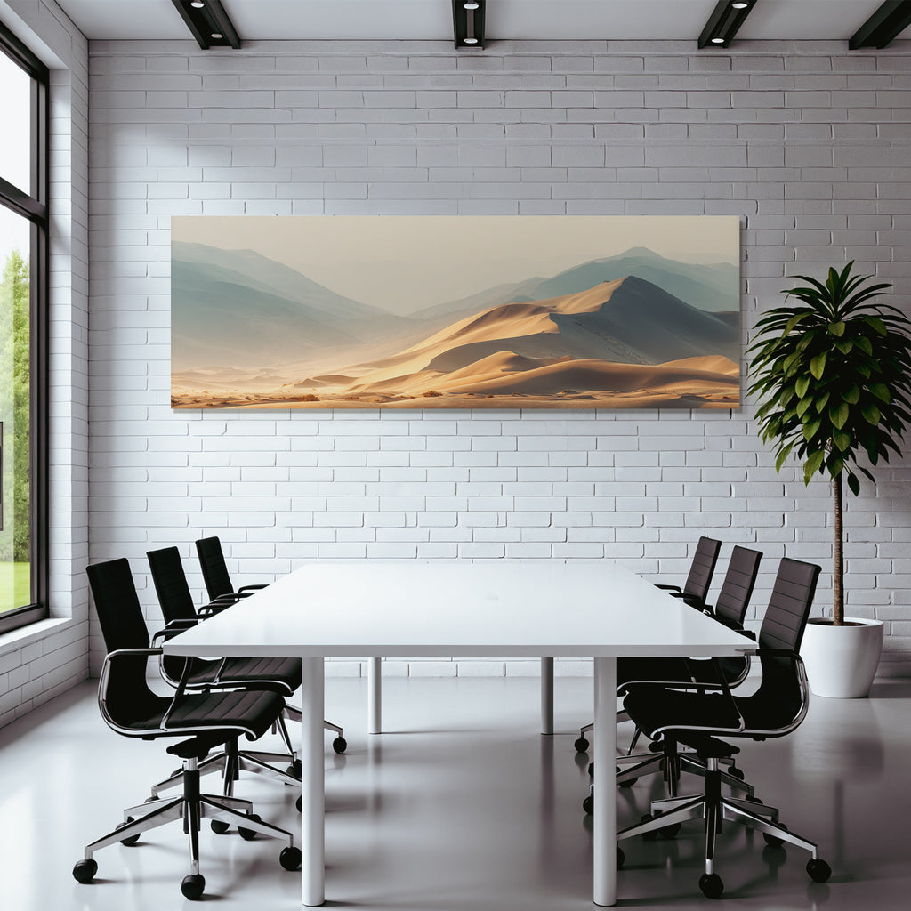 Desert Tranquil Desert Landscape With Dunes And Mountains Sunrise