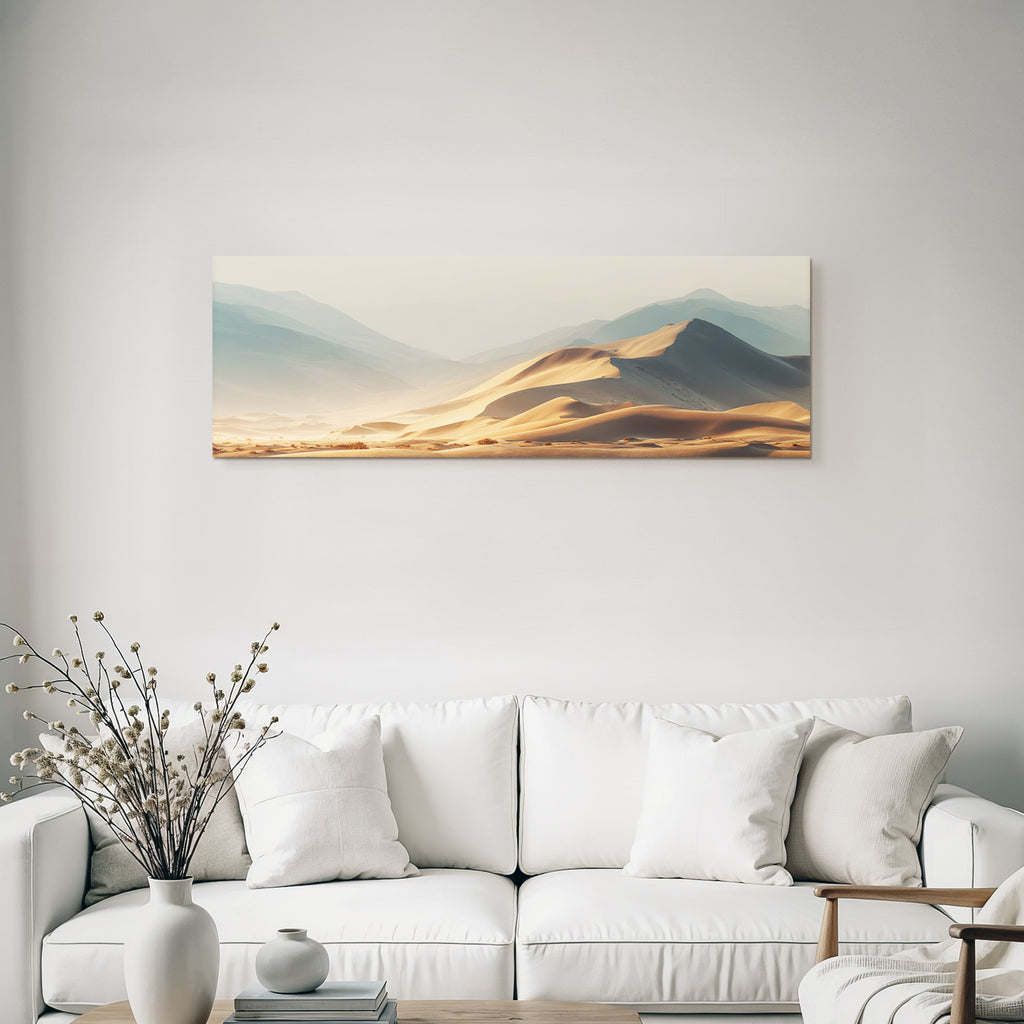 Desert Tranquil Desert Landscape With Dunes And Mountains Sunrise