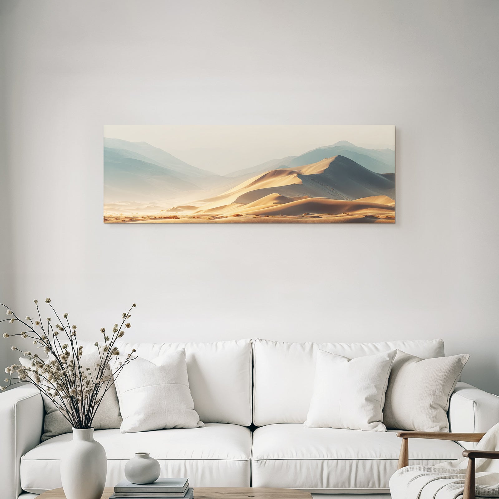 Desert Tranquil Desert Landscape With Dunes And Mountains Sunrise