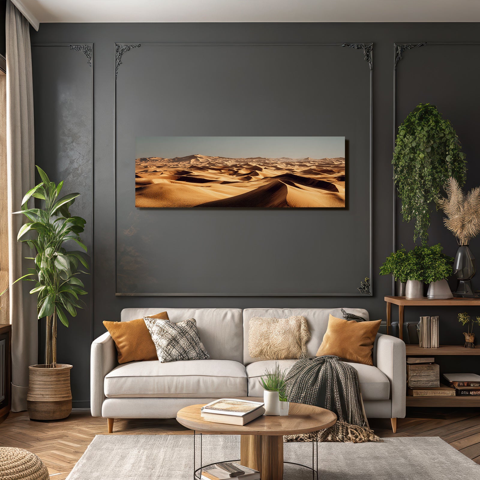 Desert sand dunes in desert scenario with mountains background