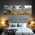 Desert Scenic Landscape Rocky Formations Trees Grassy Terrain Light At Sunrise Or Sunset