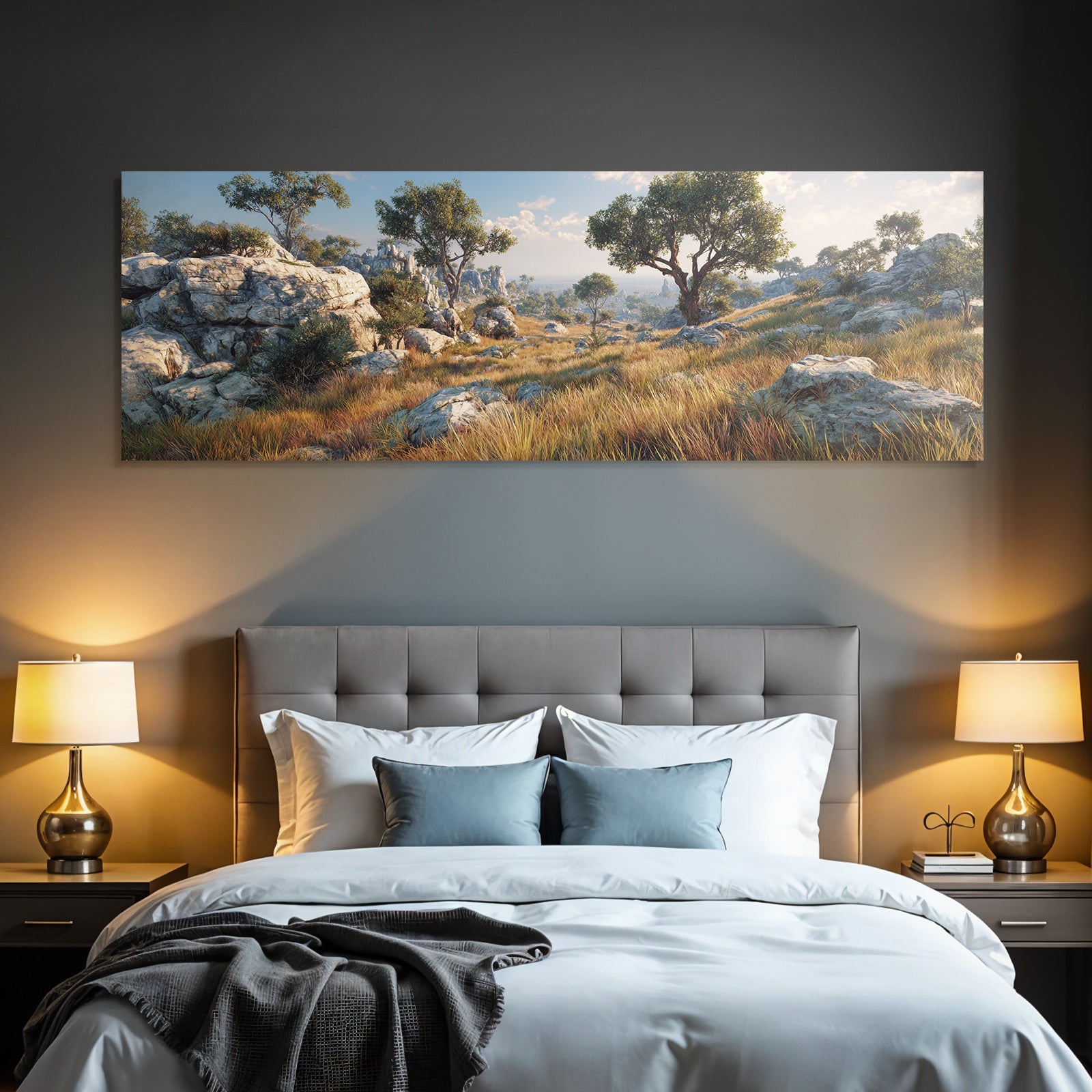 Desert Scenic Landscape Rocky Formations Trees Grassy Terrain Light At Sunrise Or Sunset