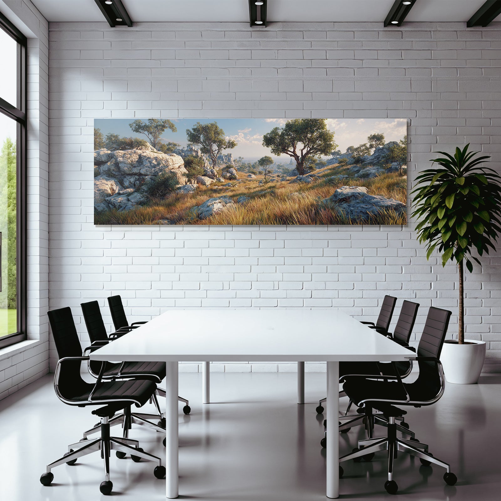 Desert Scenic Landscape Rocky Formations Trees Grassy Terrain Light At Sunrise Or Sunset