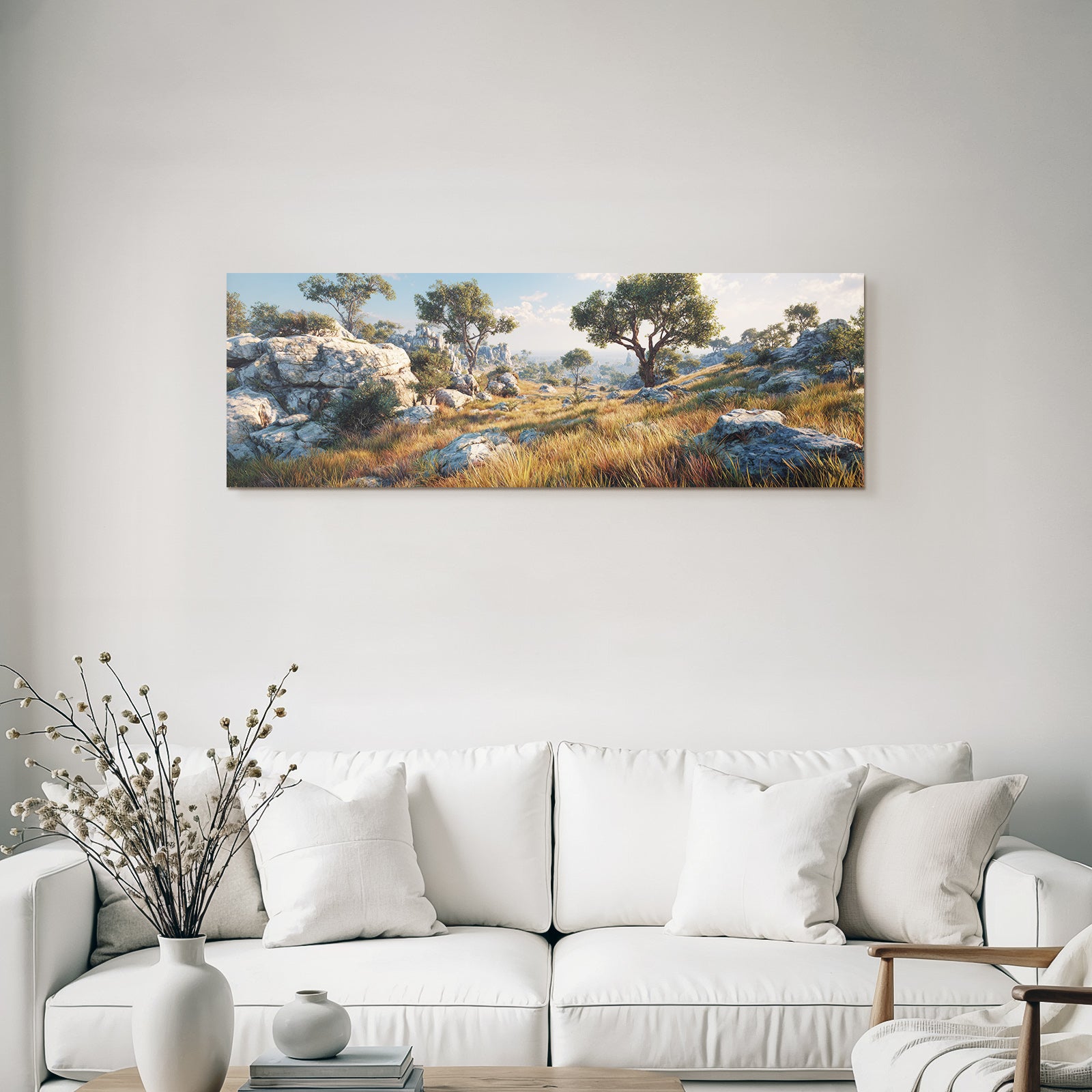 Desert Scenic Landscape Rocky Formations Trees Grassy Terrain Light At Sunrise Or Sunset