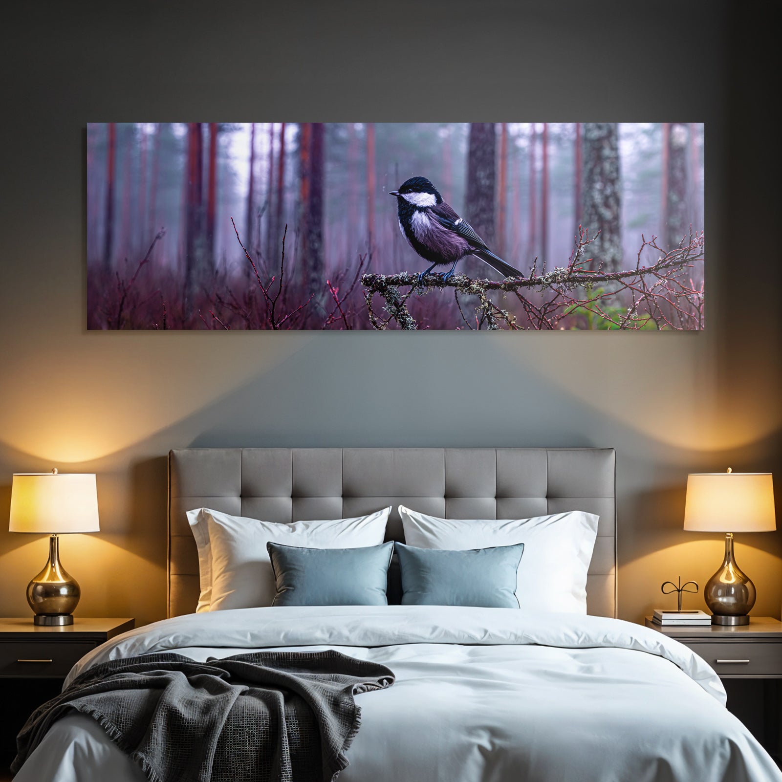Desert bird on branch in forest with fog atmosphere