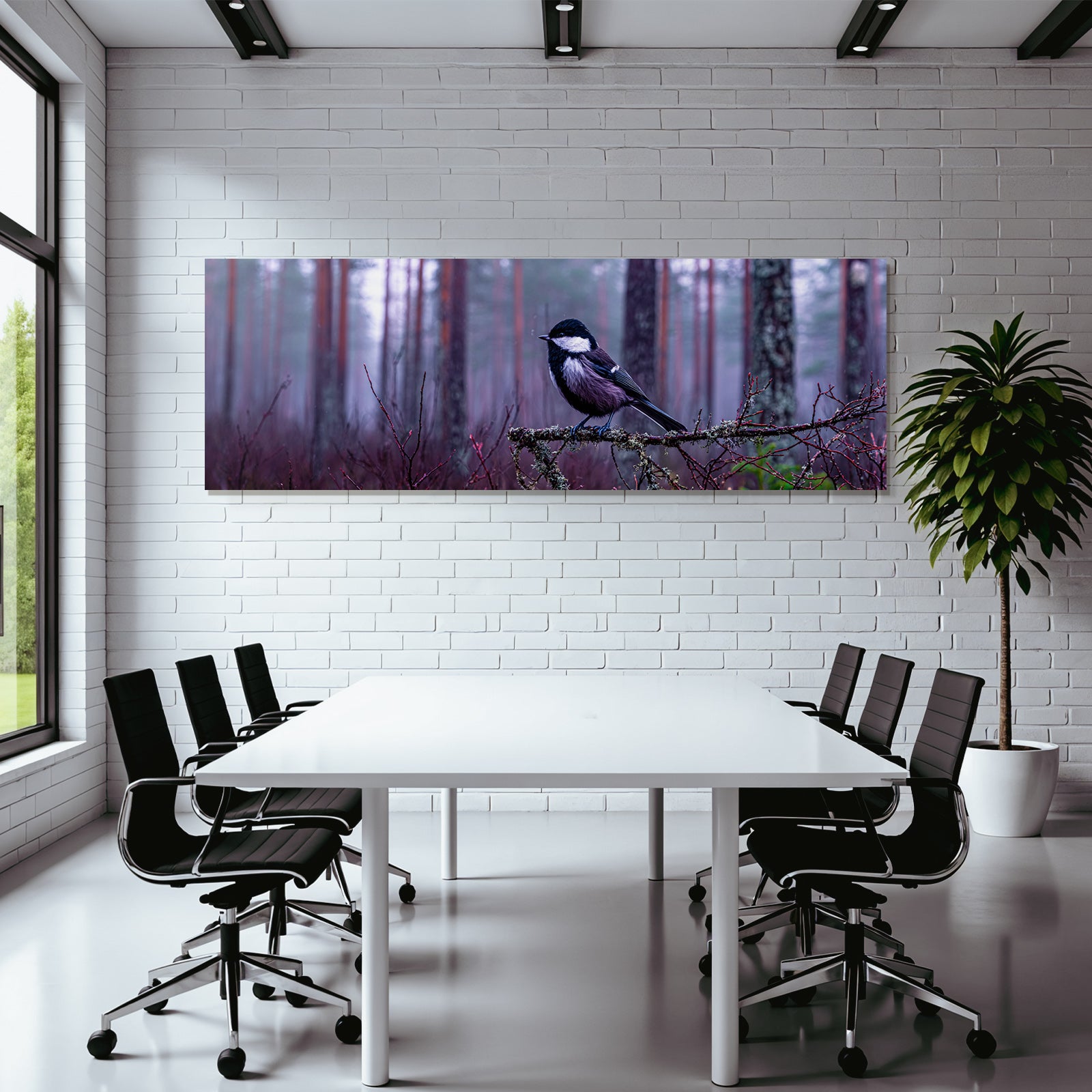 Desert bird on branch in forest with fog atmosphere