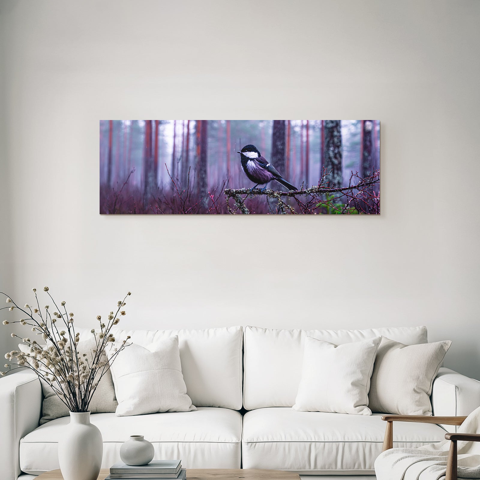 Desert bird on branch in forest with fog atmosphere