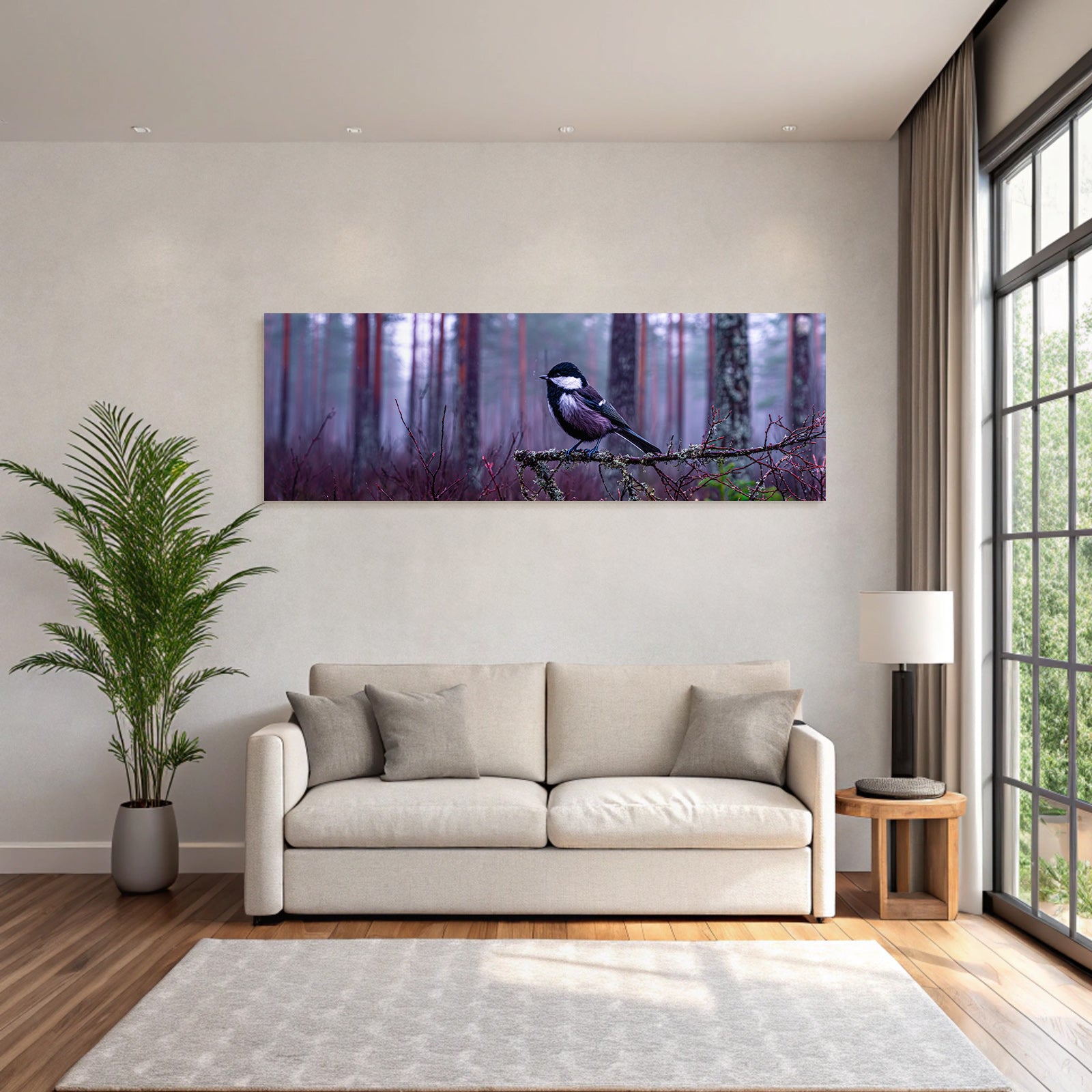 Desert bird on branch in forest with fog atmosphere