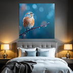 Birds on a branch with water drops, blurred orange and blue background