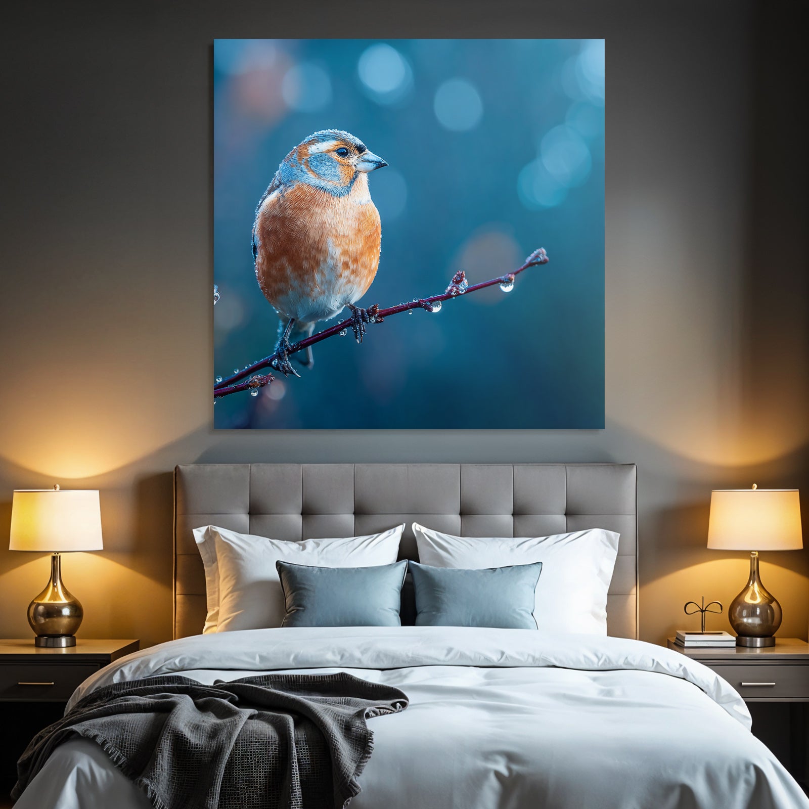 Birds on a branch with water drops, blurred orange and blue background