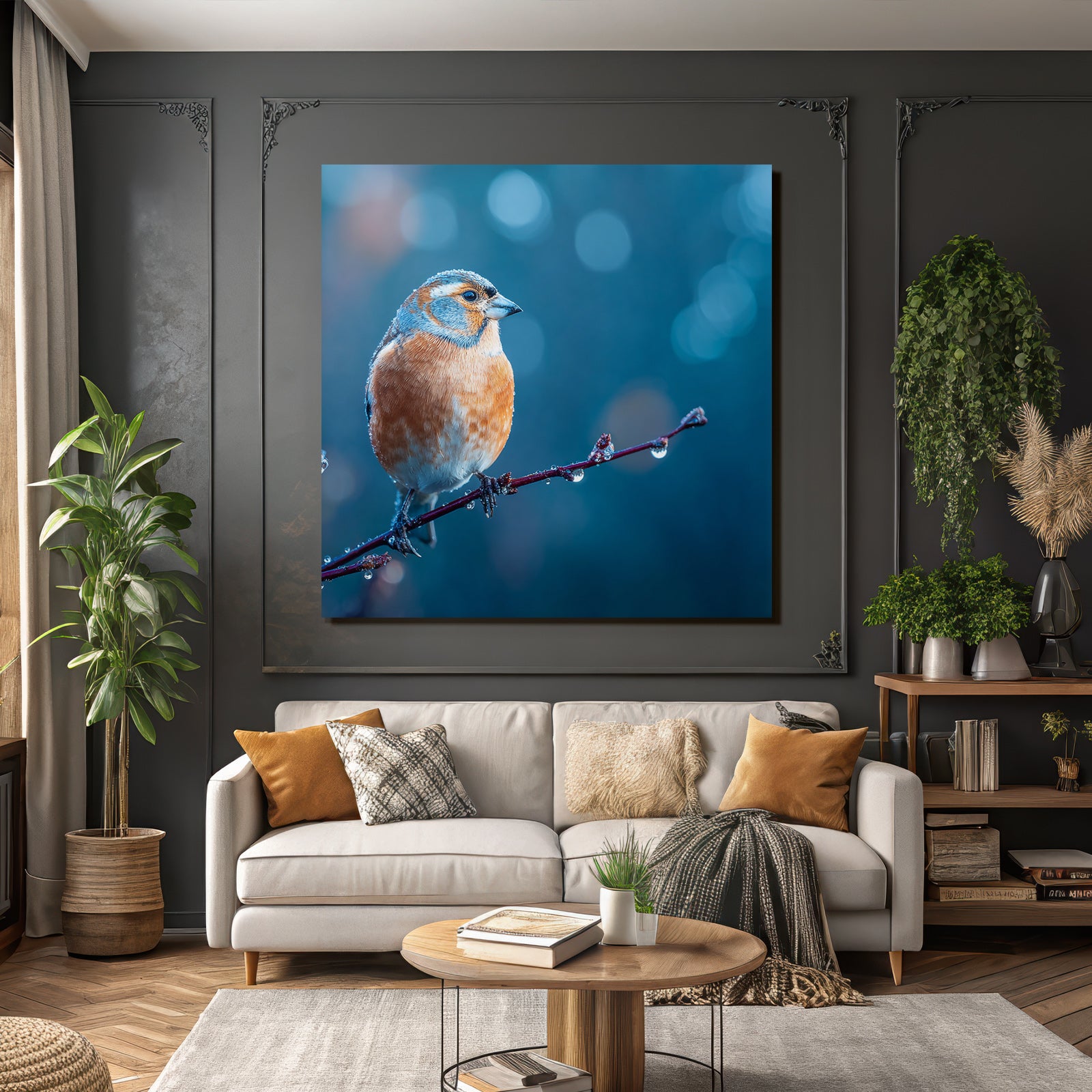 Birds on a branch with water drops, blurred orange and blue background