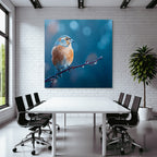 Birds on a branch with water drops, blurred orange and blue background