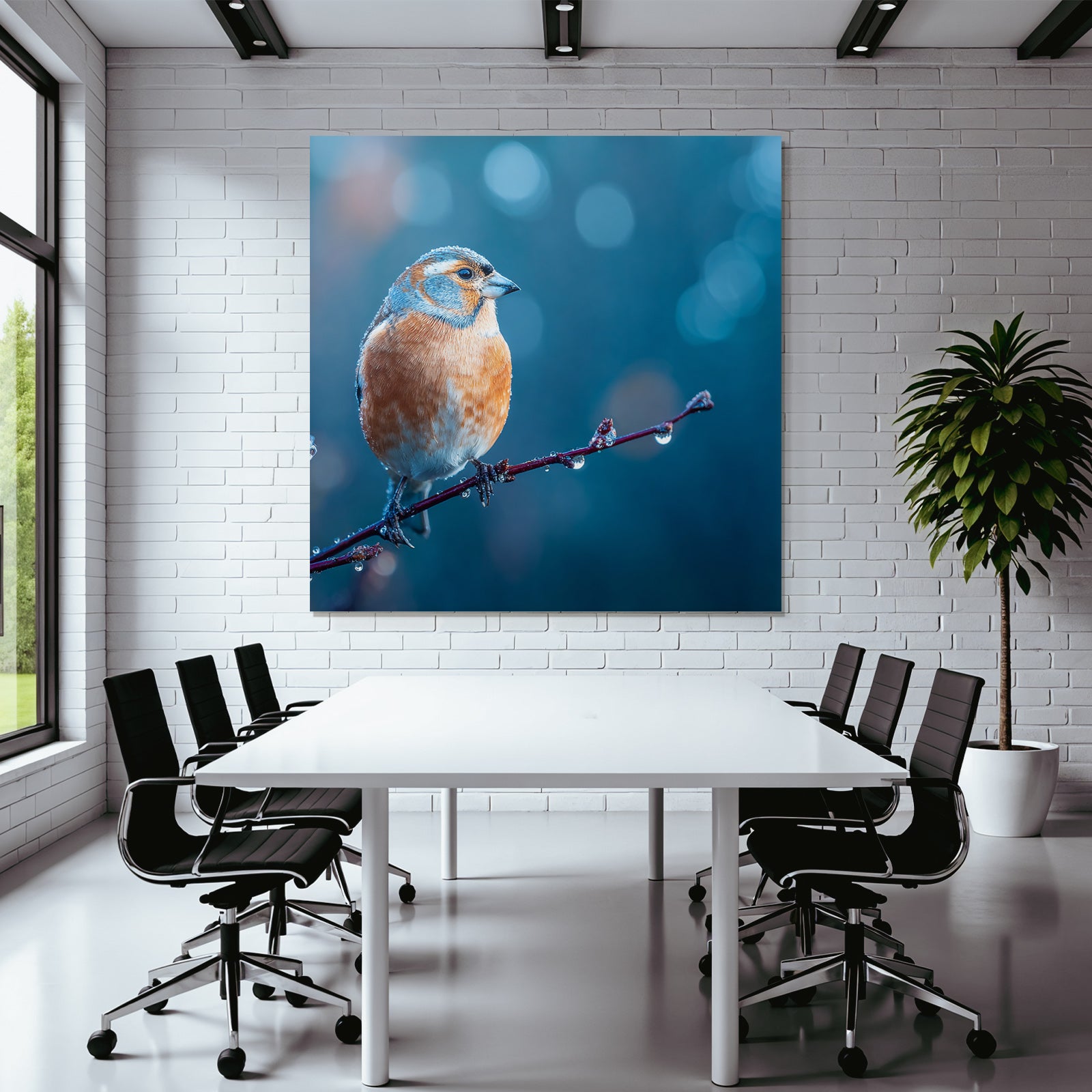 Birds on a branch with water drops, blurred orange and blue background