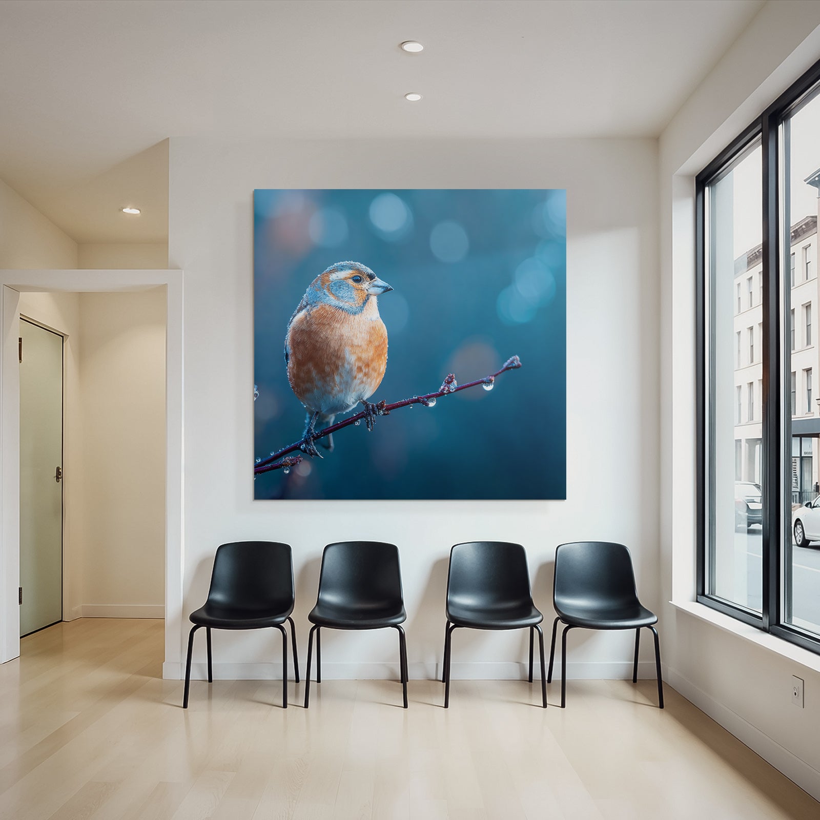 Birds on a branch with water drops, blurred orange and blue background