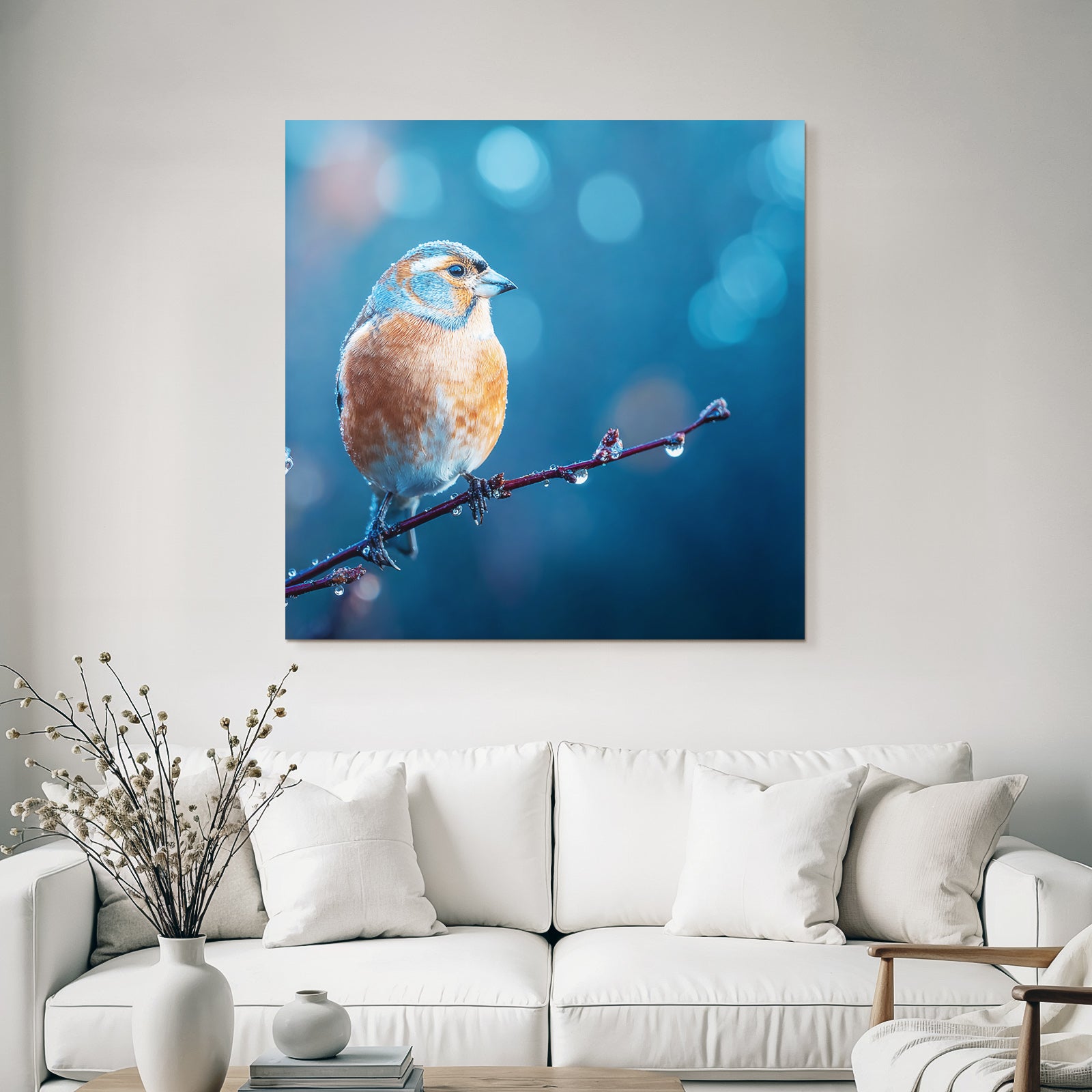 Birds on a branch with water drops, blurred orange and blue background