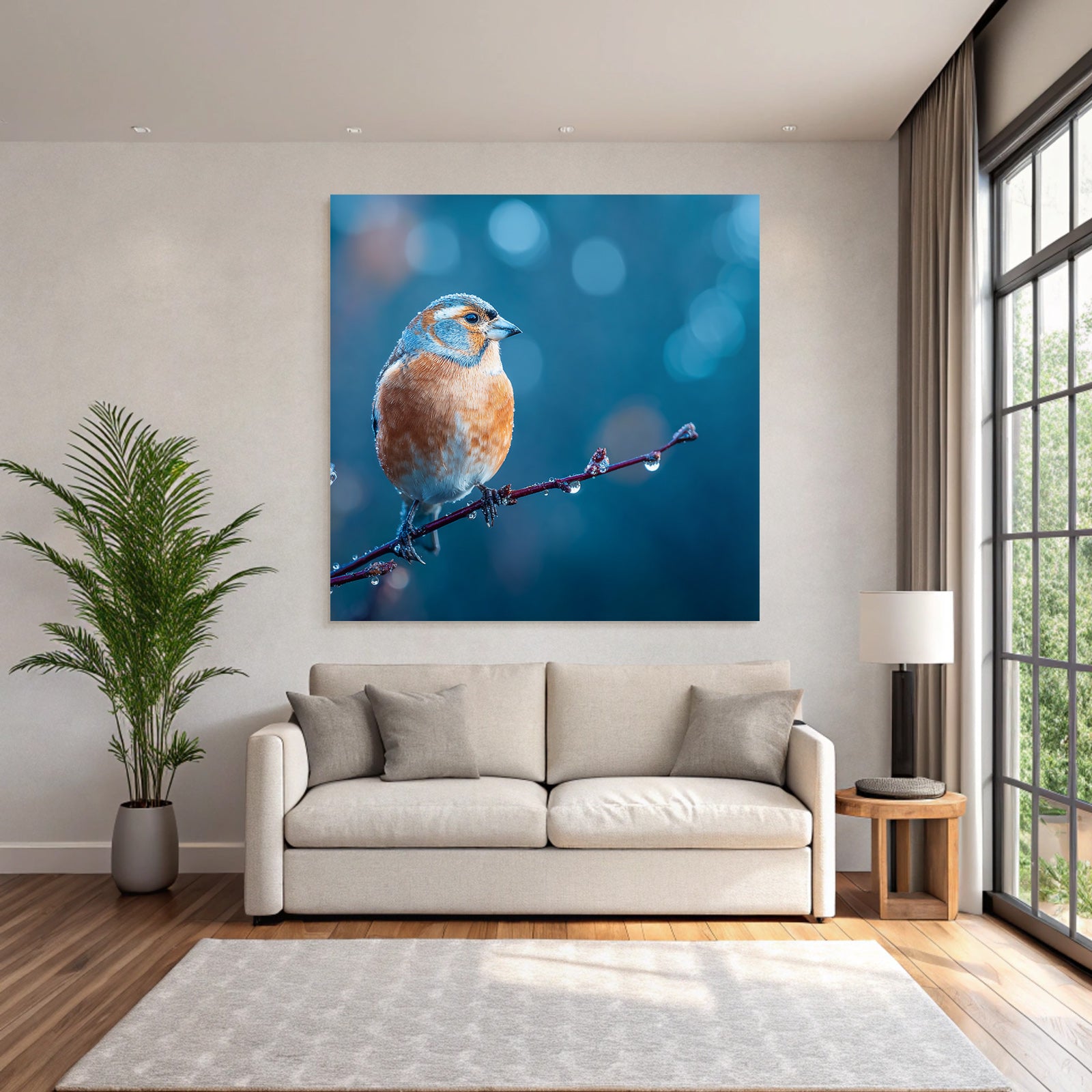 Birds on a branch with water drops, blurred orange and blue background